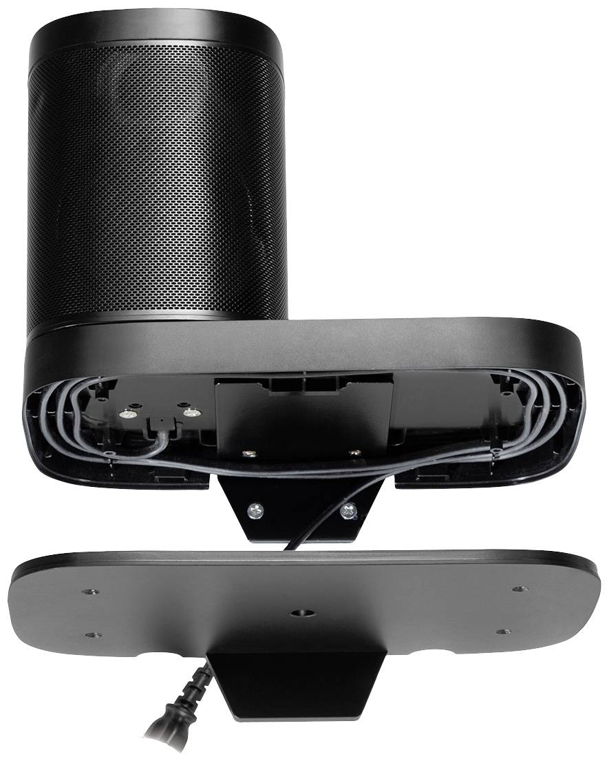 Wall-mounted speaker bracket in black, demonstrates cable management. Front side with speaker, rear side conceals cable connections.