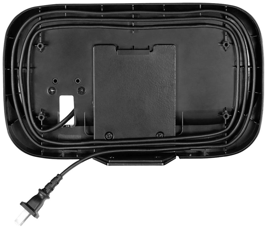 A black electrical device viewed from behind, with a coiled cable and a plug. Mounting options are visible.