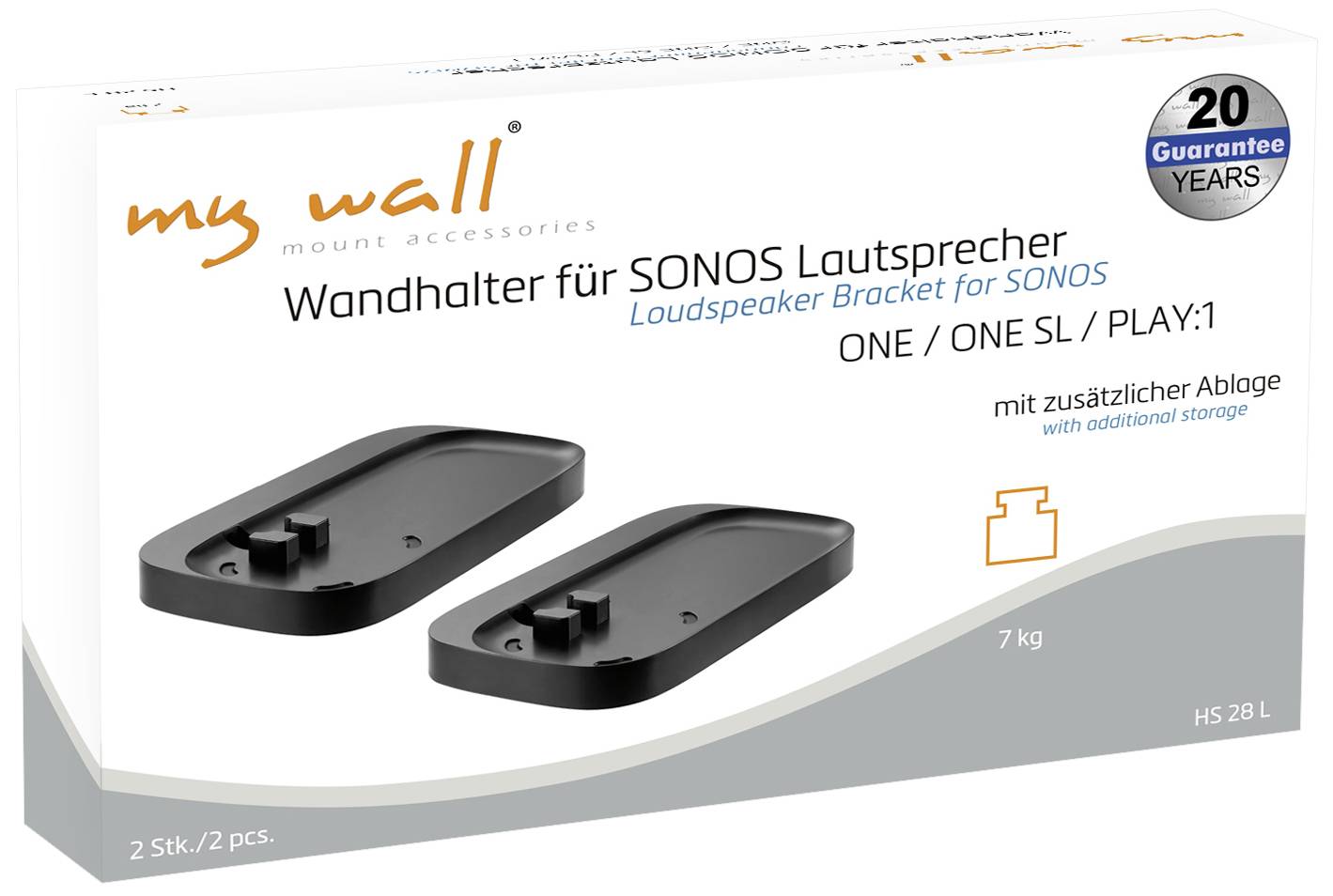 Wall mount for SONOS ONE/ONE SL/PLAY:1 speakers with additional shelf, supports 7 kg, pack of 2, 20-year guarantee.