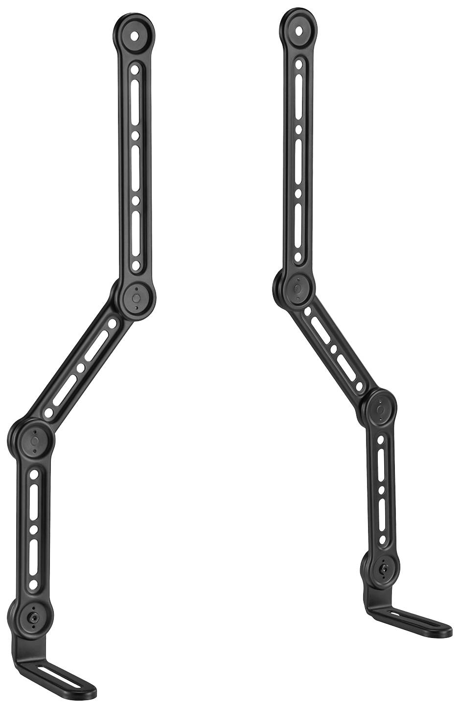 Two black, adjustable mounting brackets with multiple joints and screw holes, suitable for attaching monitors or similar devices.