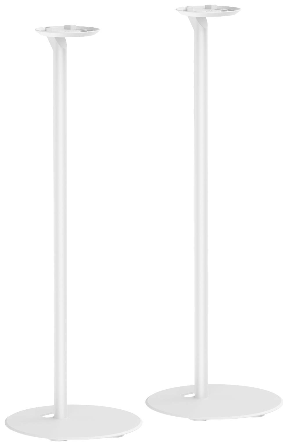 Two white, slender speaker stands with round bases, suitable for positioning speakers in a living room or home cinema.