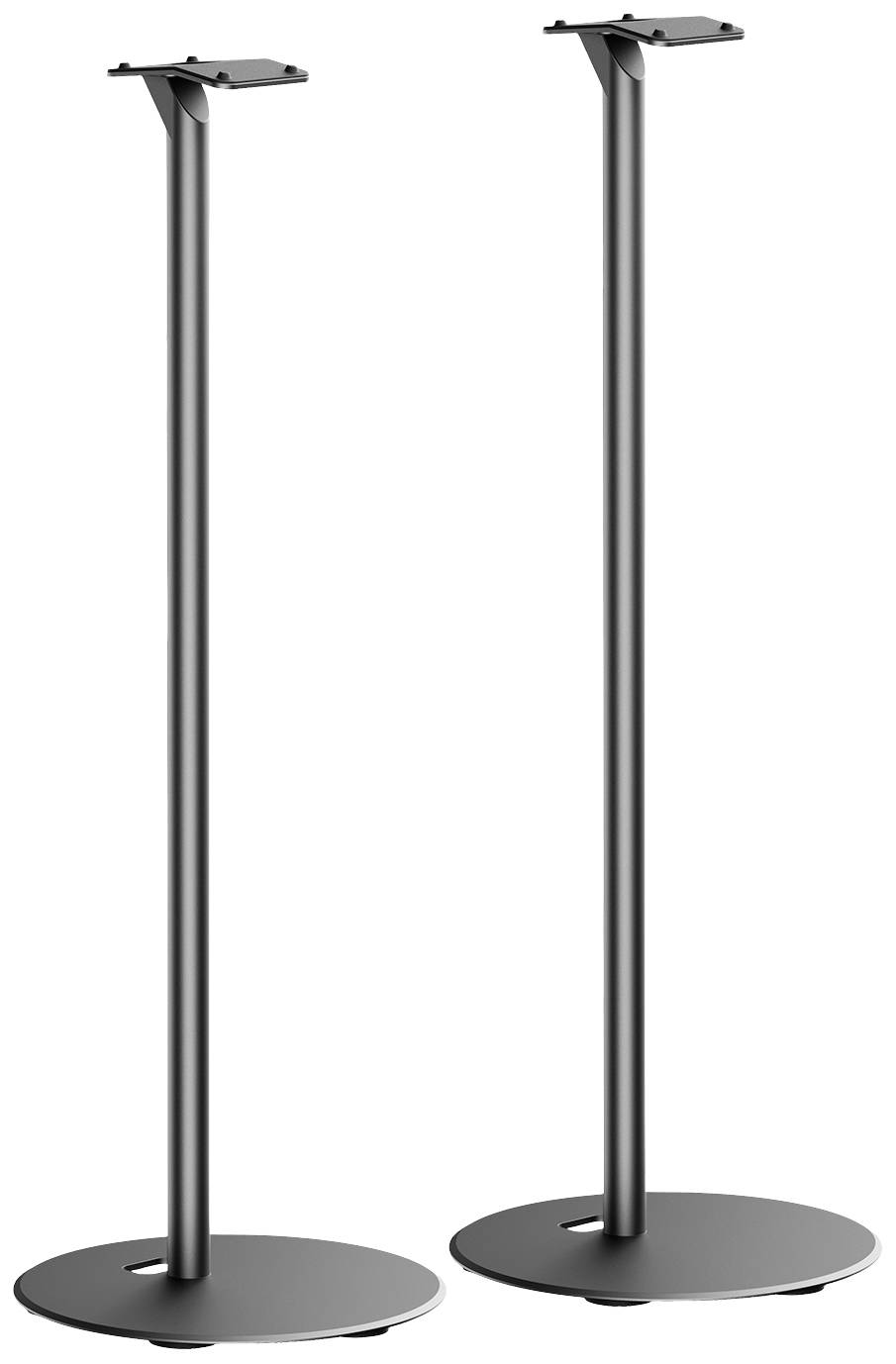 Two slender, black speaker stands with round bases, suitable for positioning home cinema speakers.