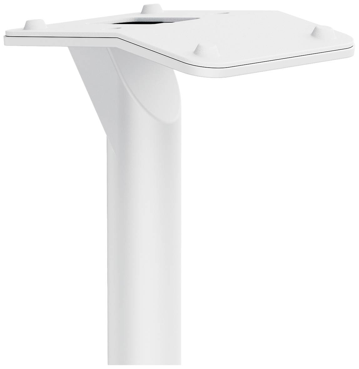 White metal stand with angled platform. Suitable for mounting devices or displays. Minimalist design.