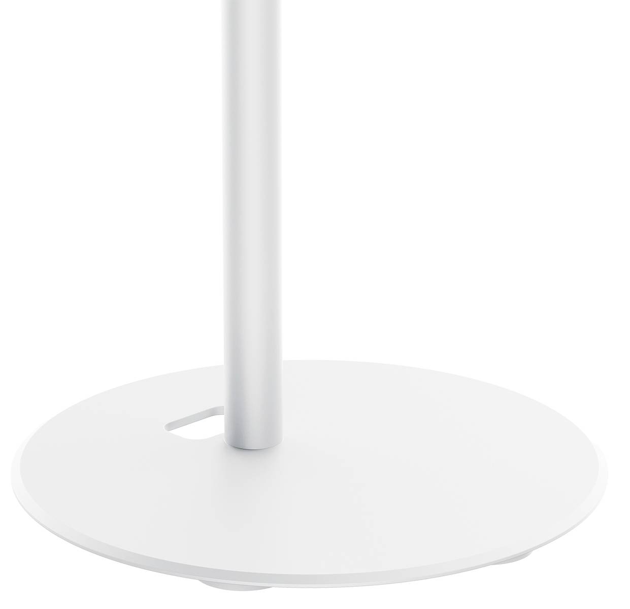 White round base with vertical metal rod in the centre.