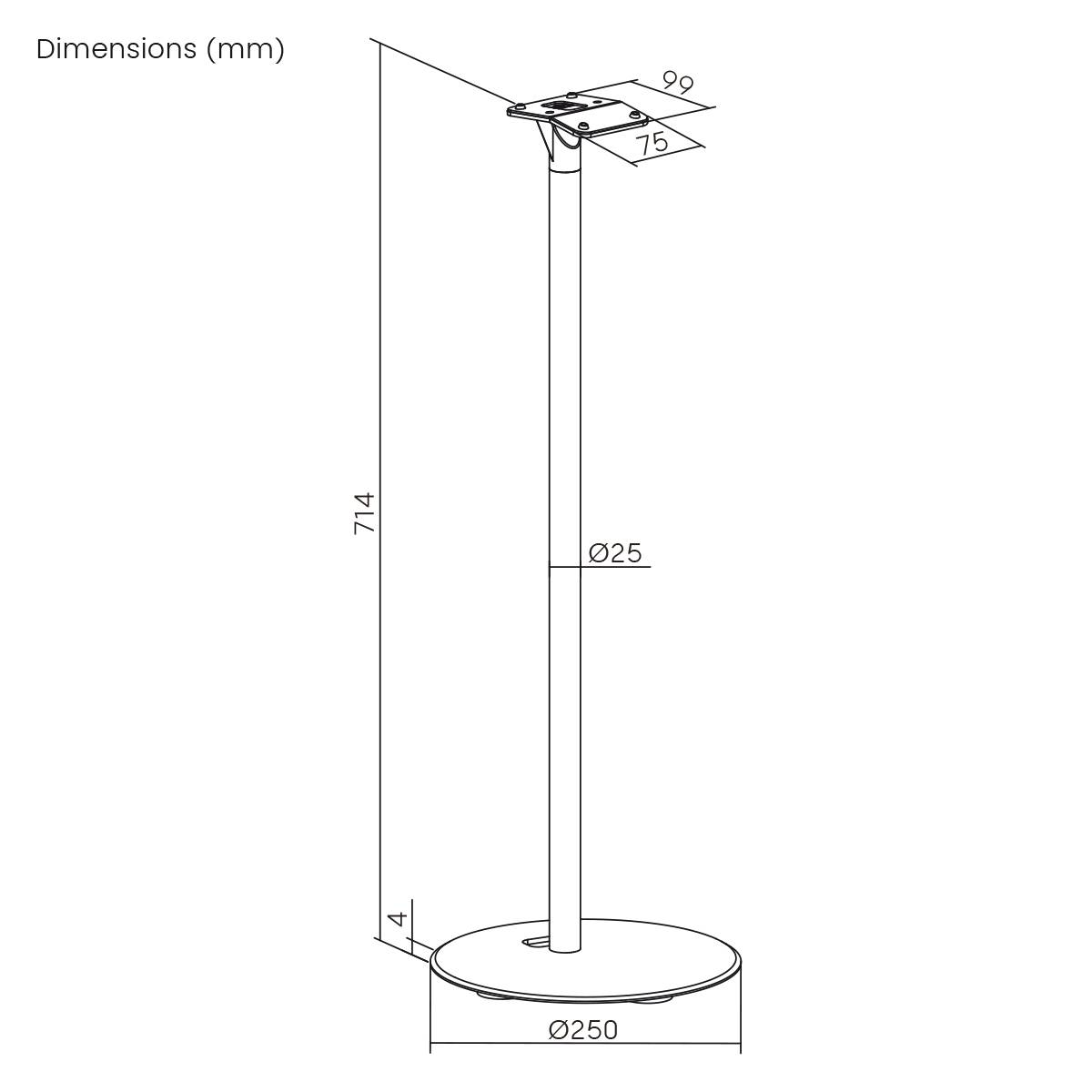 Stand for monitor or speaker, height 714 mm, base diameter 250 mm, upper plate 90x75 mm, tube diameter 25 mm.