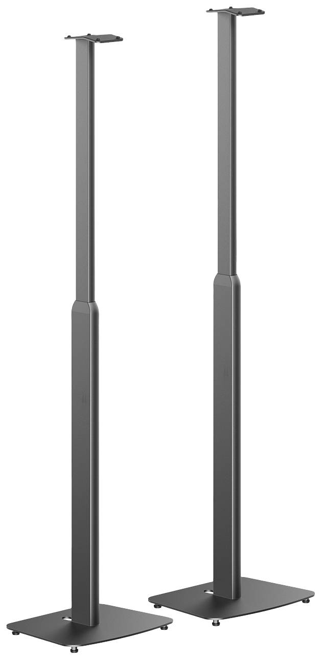 Two black speaker stands, slender and height-adjustable, with square bases and a flat upper mounting bracket.