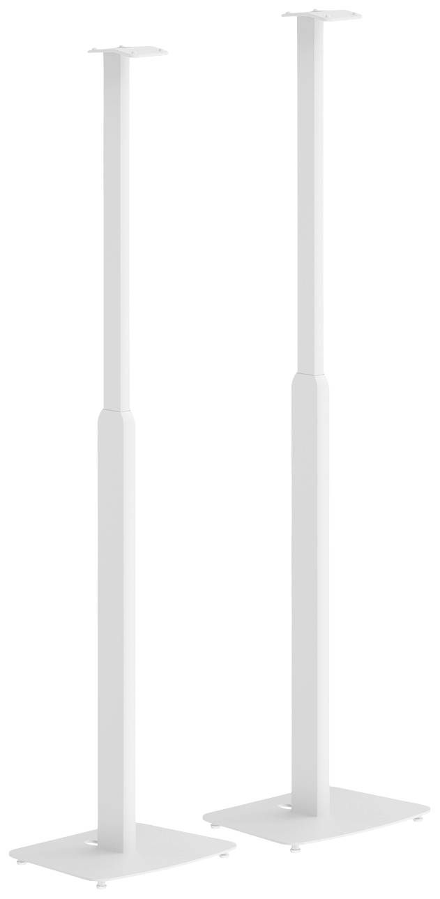 Two white, height-adjustable stands, suitable for speakers or technical equipment, with a stable base.