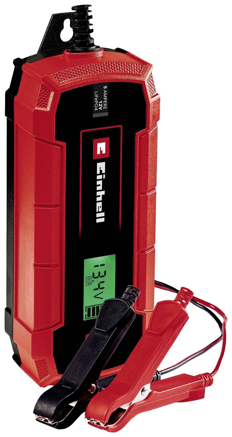 Red Einhell battery charger with a black display and green indicator. Two clamps are connected with cables.