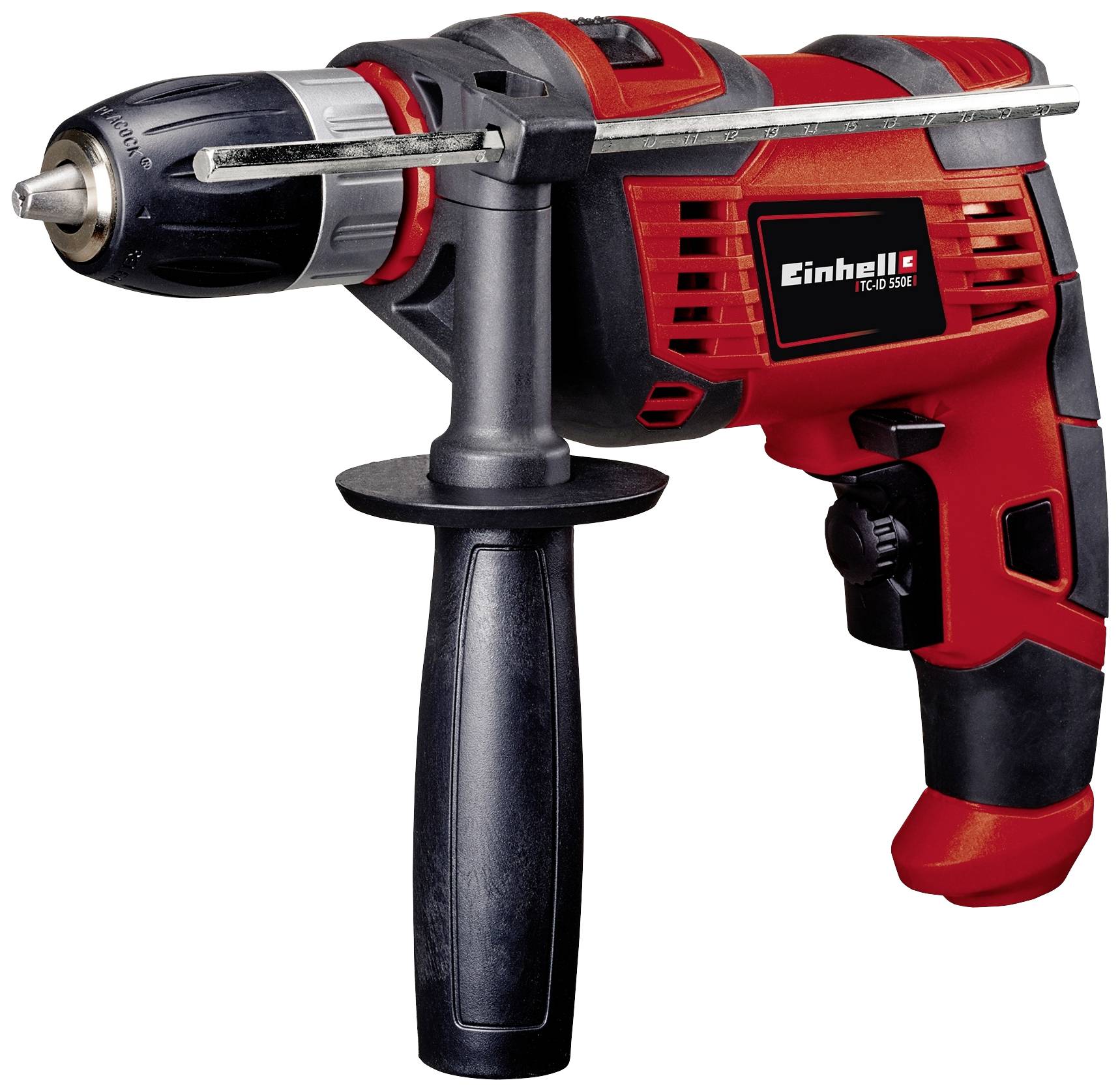 Red and black drill with auxiliary handle. Brand 'Einhell', Model 'TC-ID 550 E'.