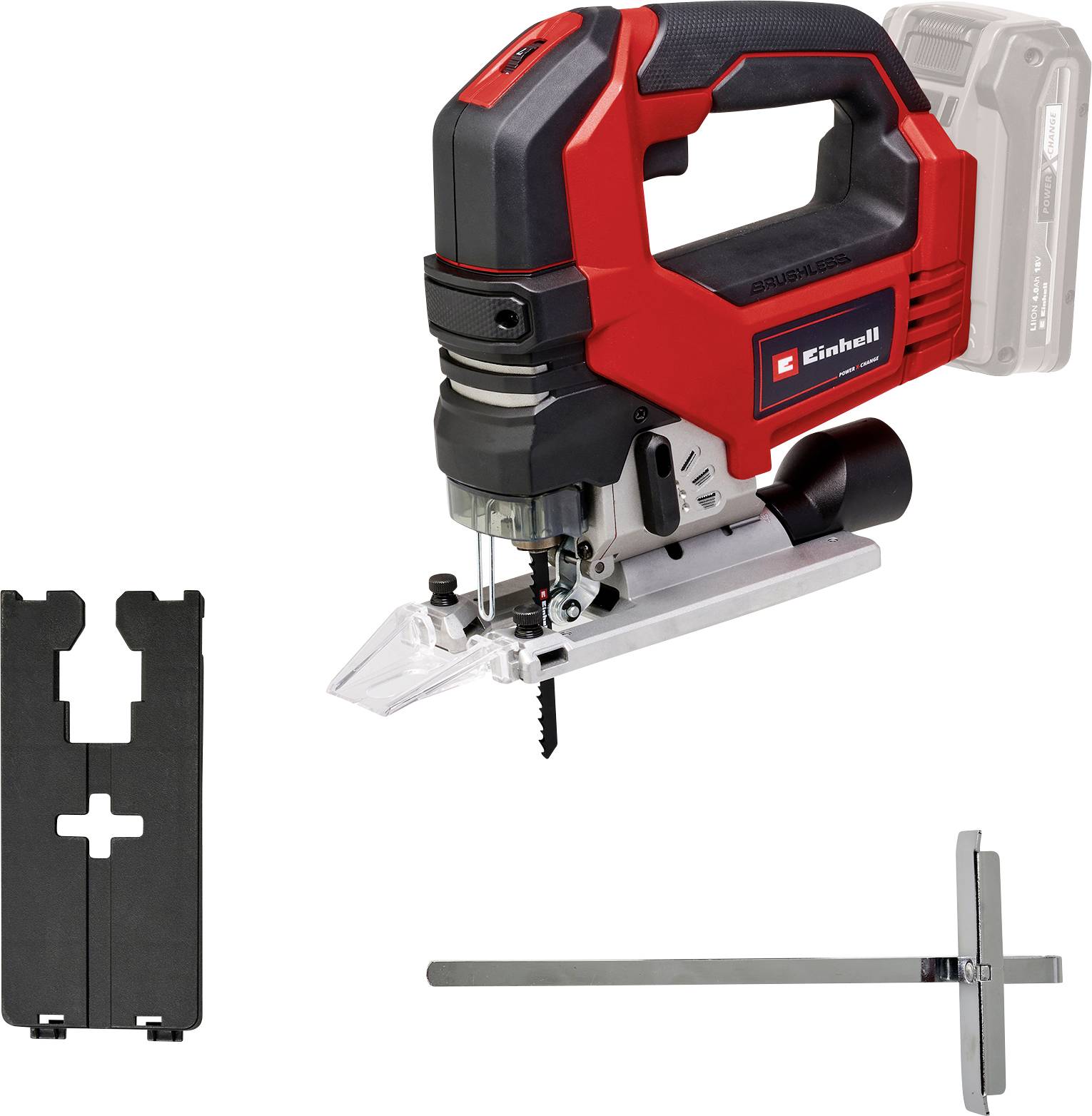 A red and black cordless jigsaw from Einhell with a clear blade guard, accompanied by a black guide plate and a metal ruler.