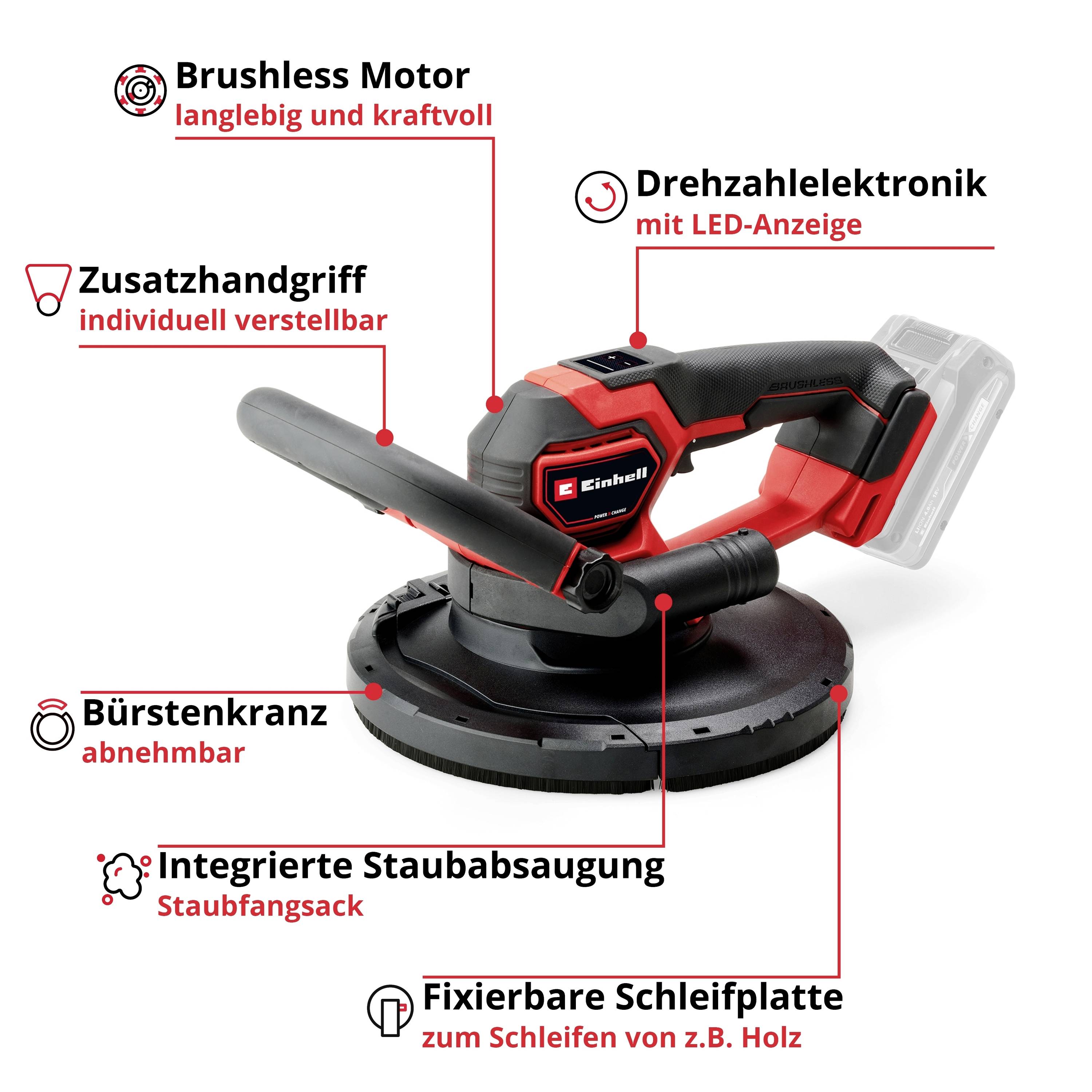 Einhell Sanding Device with labelled features: brushless motor, adjustable auxiliary handle, speed electronics, removable brush ring, integrated dust extraction, fixable sanding plate.