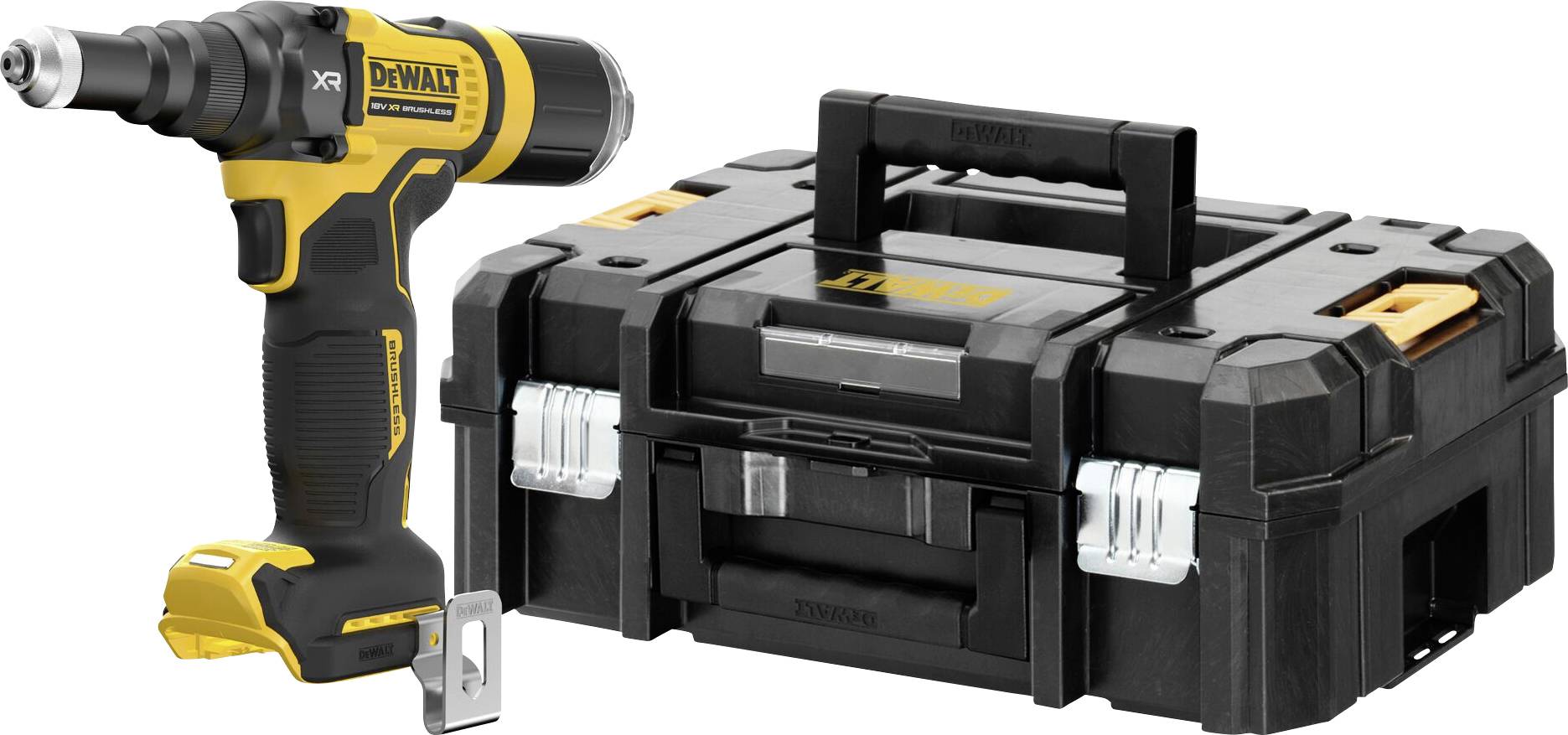 A cordless drill driver next to a robust black tool case with yellow accents.