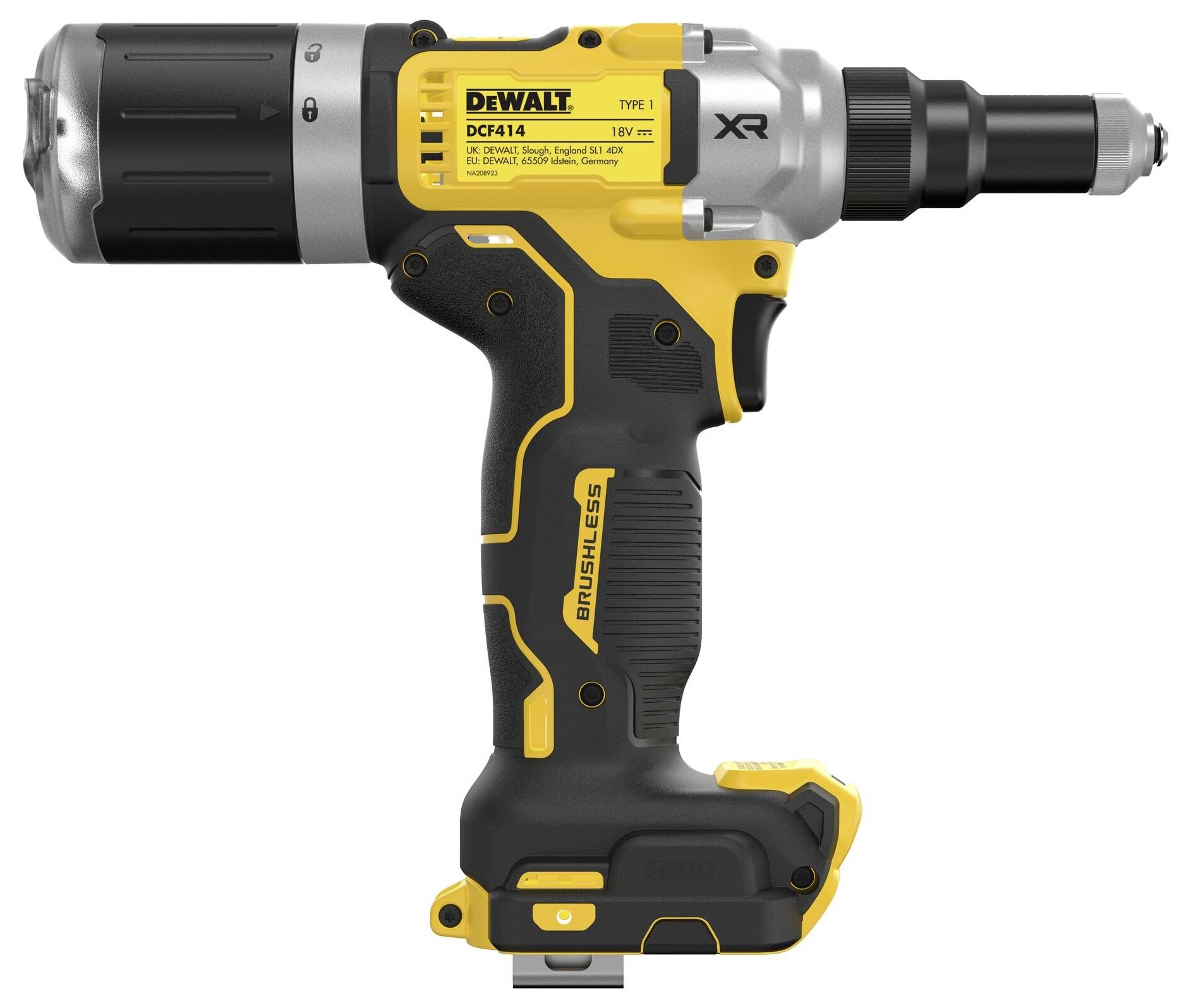 Cordless drill, black and yellow with an ergonomic handle, 'DeWalt' brand name on the top, suitable for versatile DIY projects.