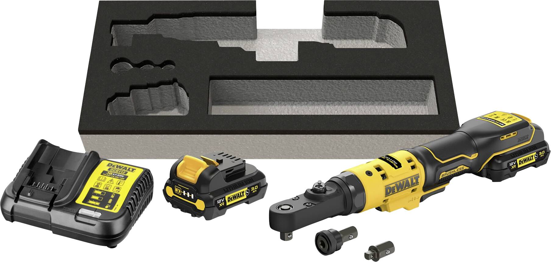 Precision tool set with multiple attachments, charger and battery in a custom-shaped foam packaging.