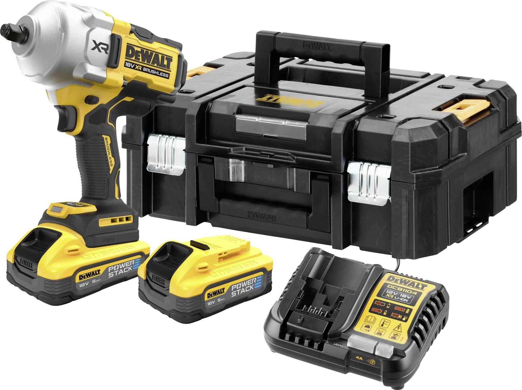Cordless drill set comprising a yellow and black drill, two batteries, a charger, and a tool case.