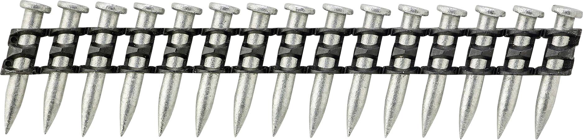 A row of nails in a plastic holder, used for a nail gun.