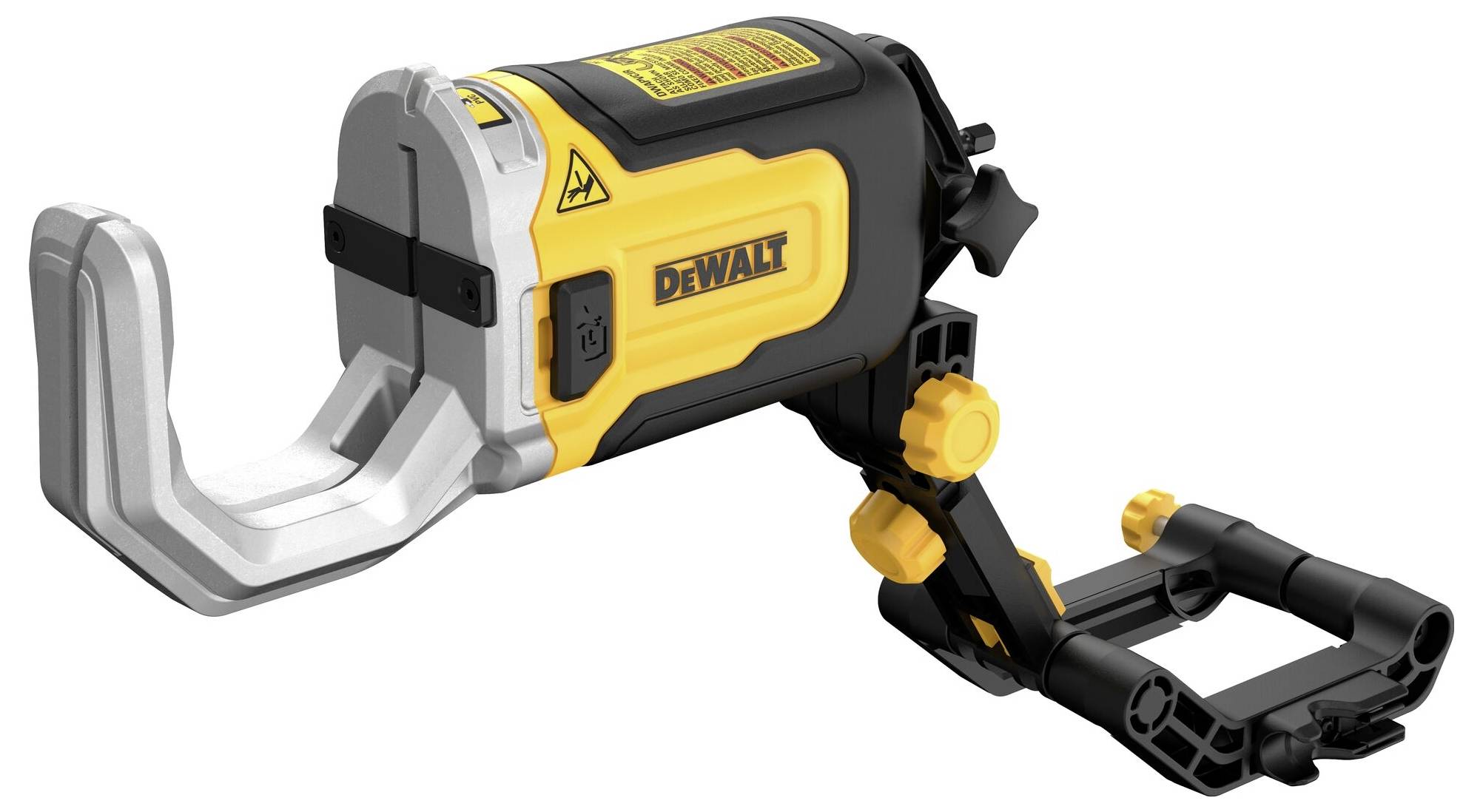 Tool holder made of black and yellow plastic with an adjustable metal arm.