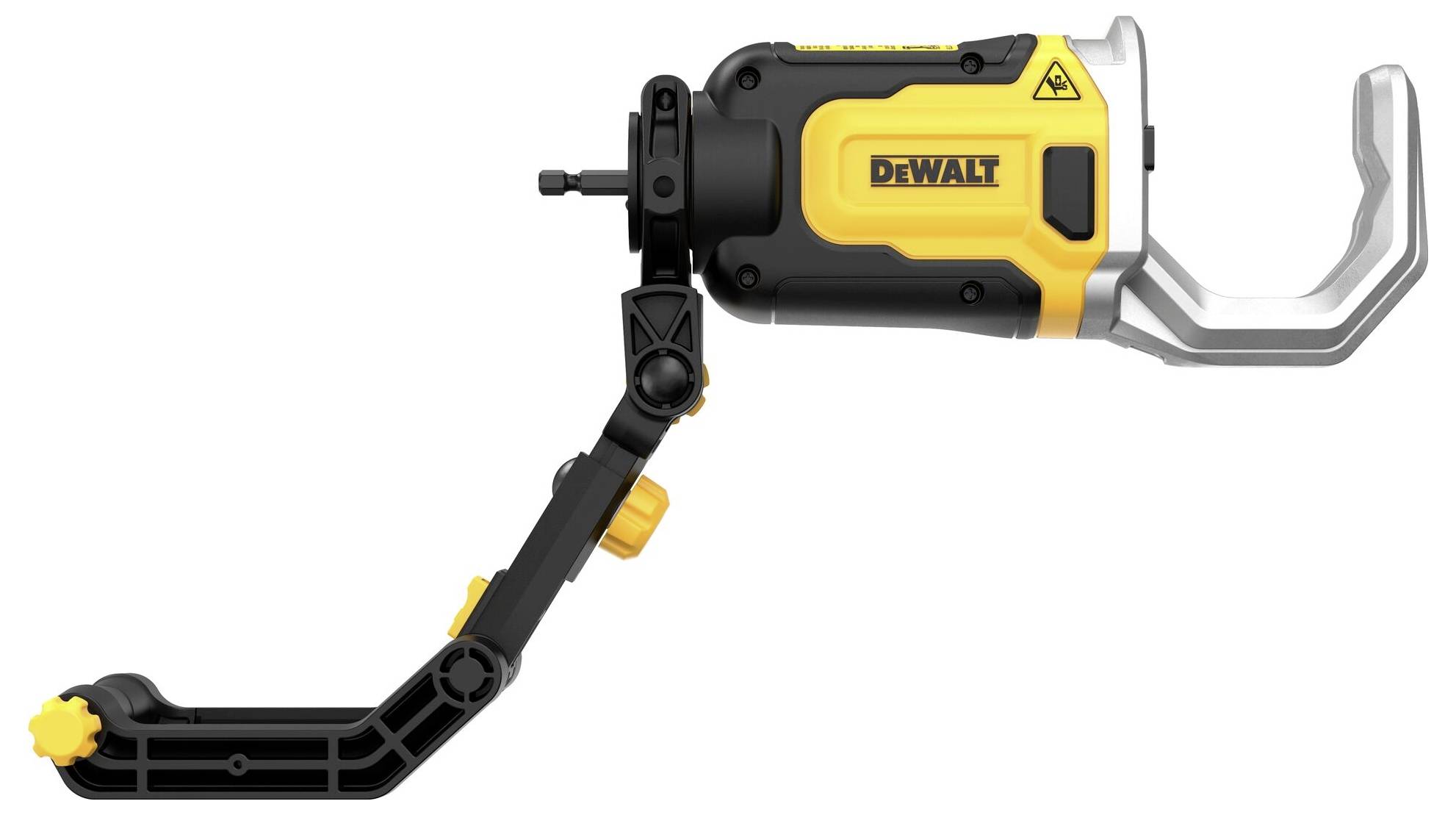 A yellow and black electric power tool viewed from the side, marked with 'DEWALT', featuring an adjustable arm and a clamping mechanism.