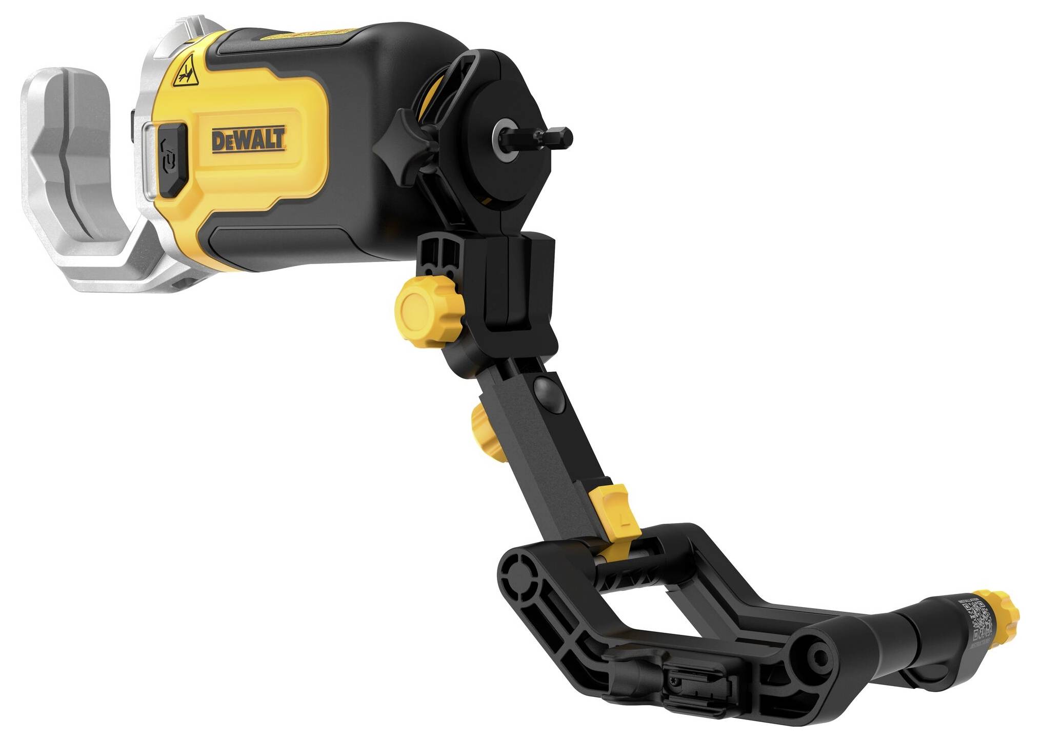 A black and yellow electric tool with an adjustable arm, designed for hard-to-reach areas.