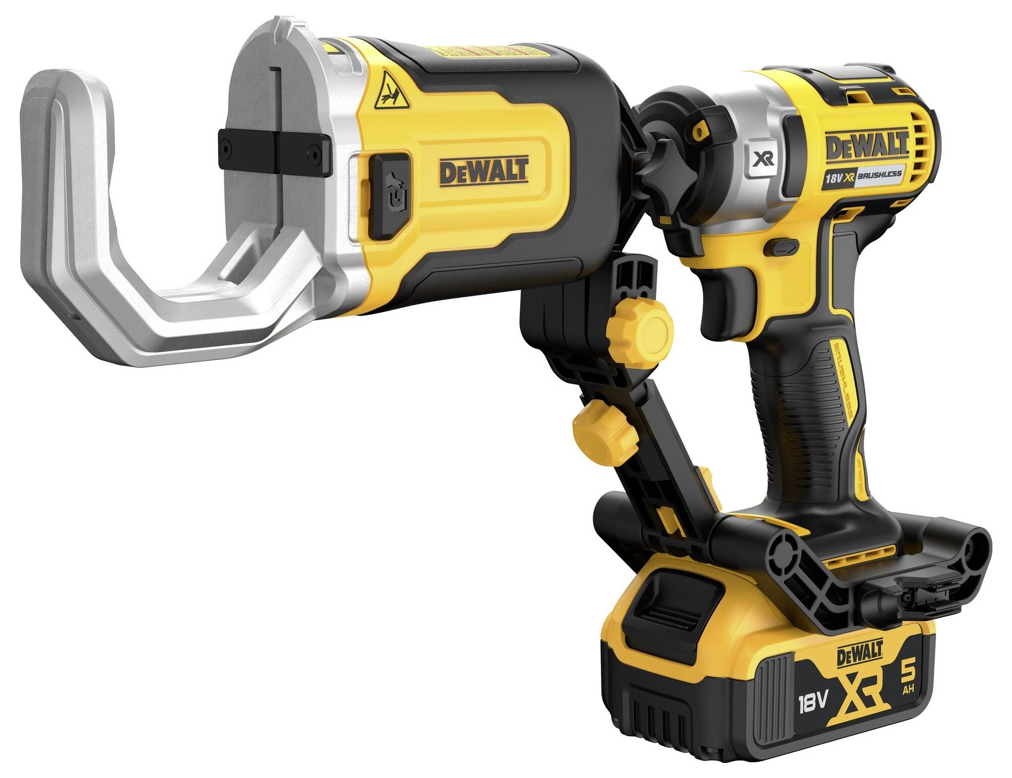 Dewalt Cordless Cable Cutting Tool in Yellow and Black. Device shows scissors and battery, suitable for cable work.