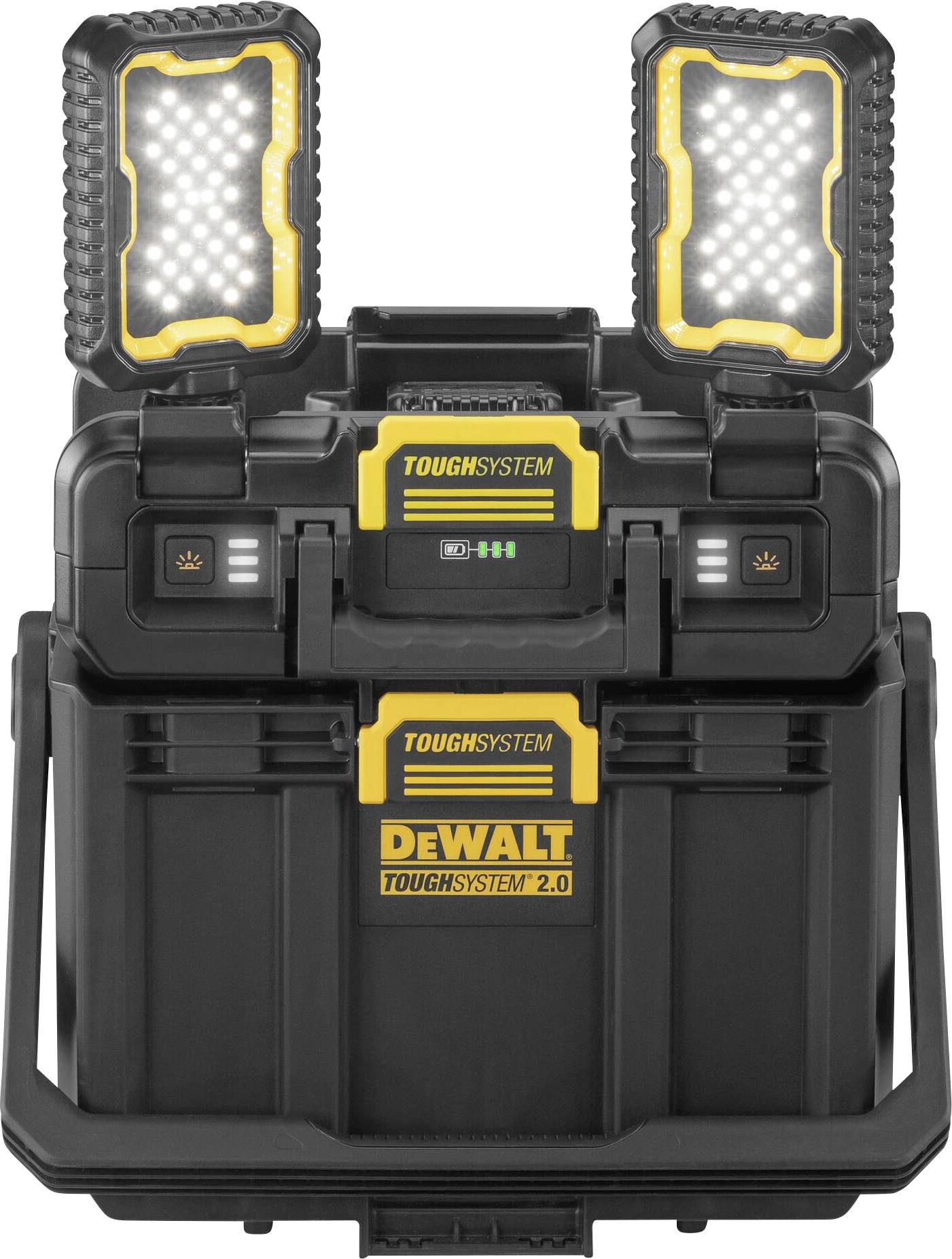 Black mobile tool box 'DeWalt ToughSystem 2.0' with foldable, illuminating LED lights. Brand name centrally visible.