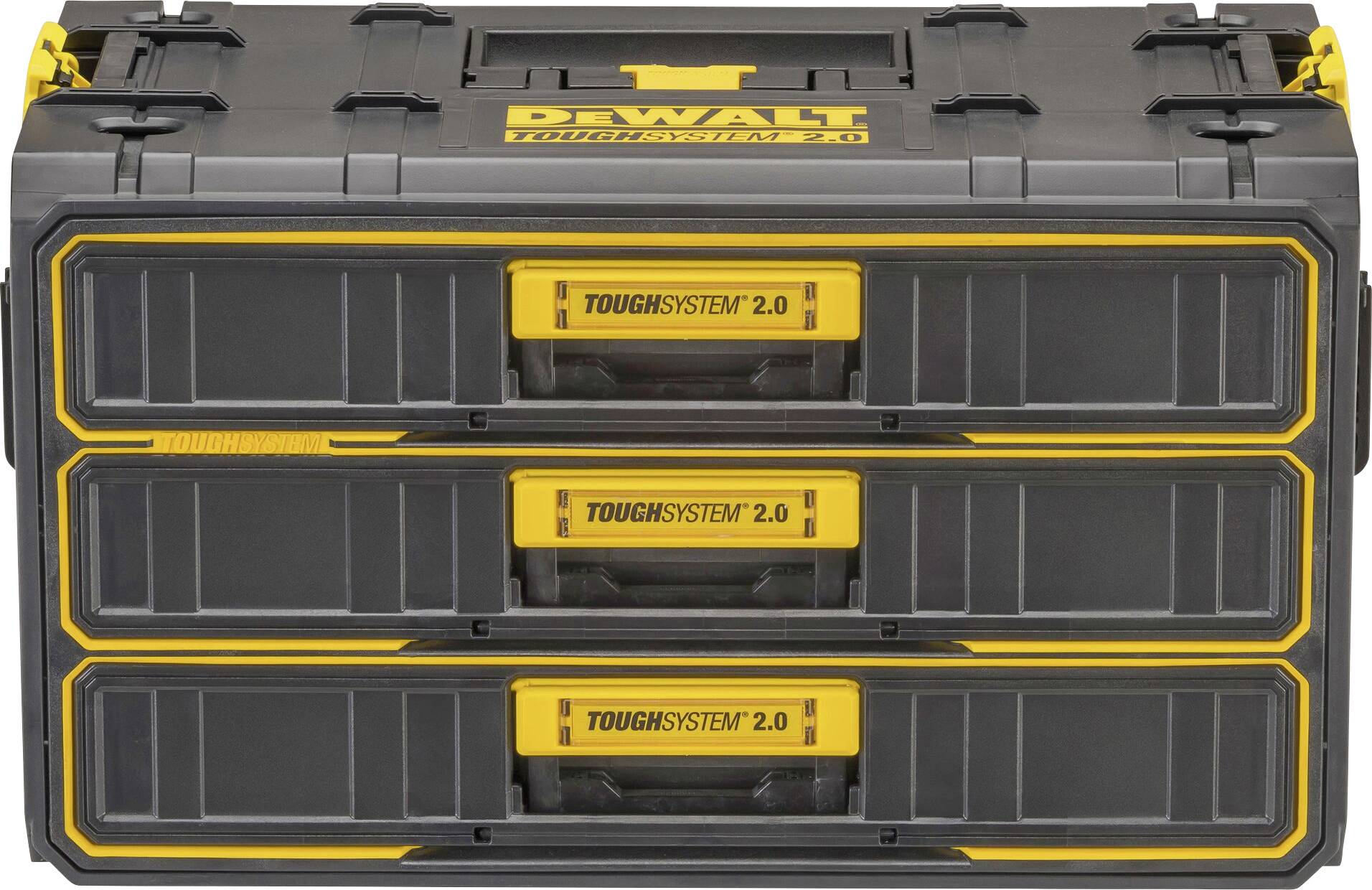 A black toolbox with three drawers, marked in yellow with 'ToughSystem 2.0'.