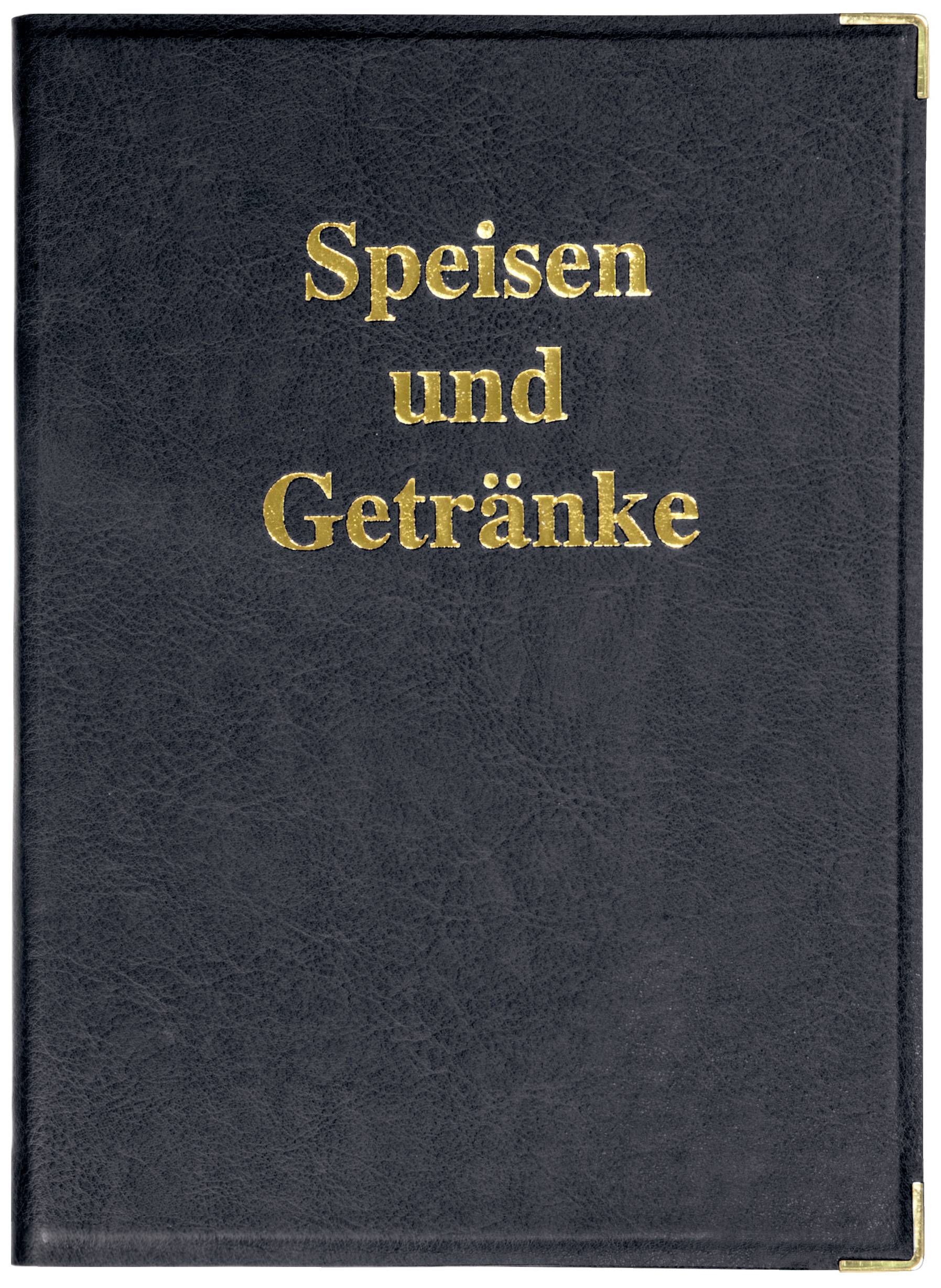 Black leather menu with golden inscription 'Food and Drinks'.