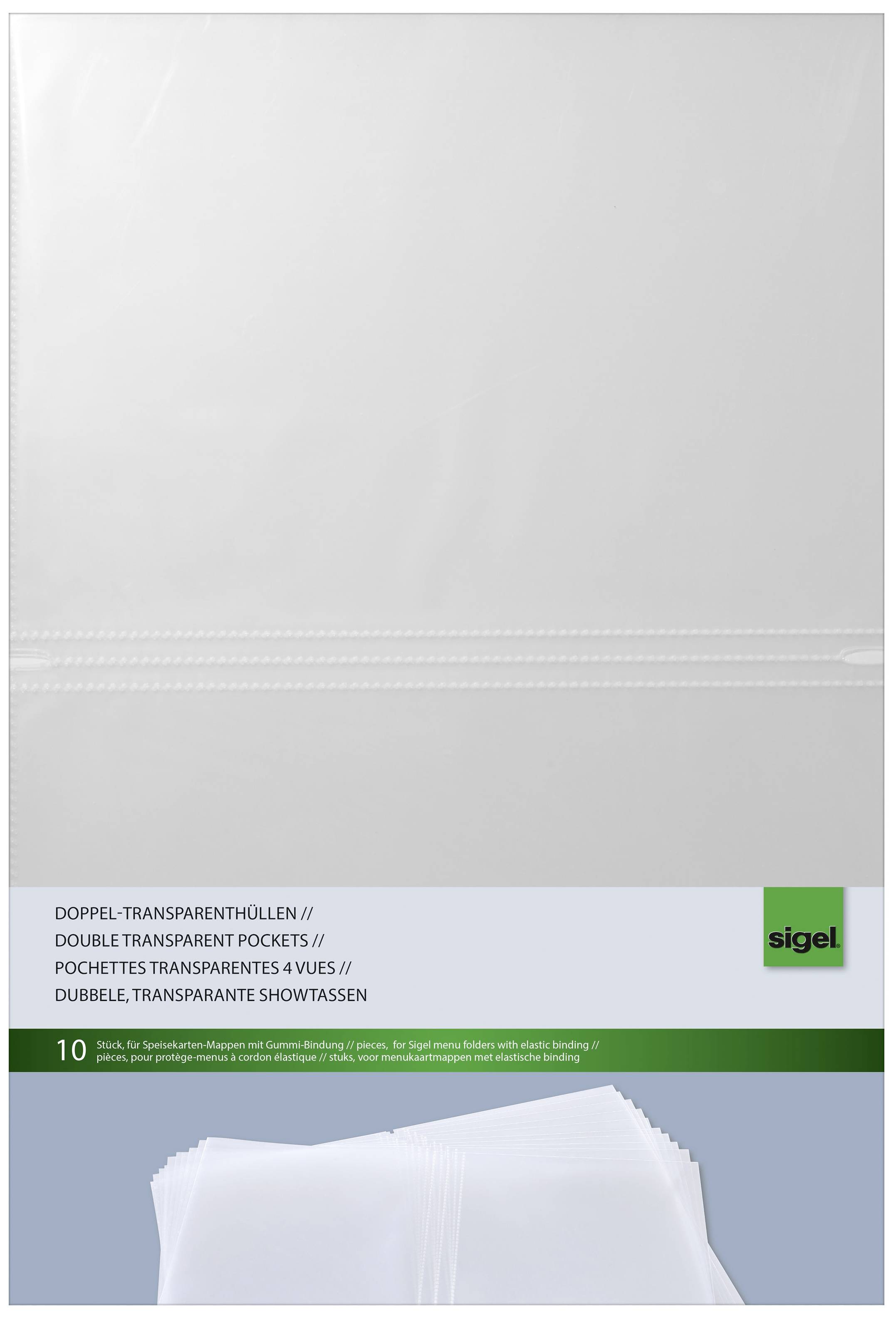 Clear view plastic sleeves with 4-hole punching for loose-leaf pages, suitable for ring binders. Pack of 10, Sigel brand.