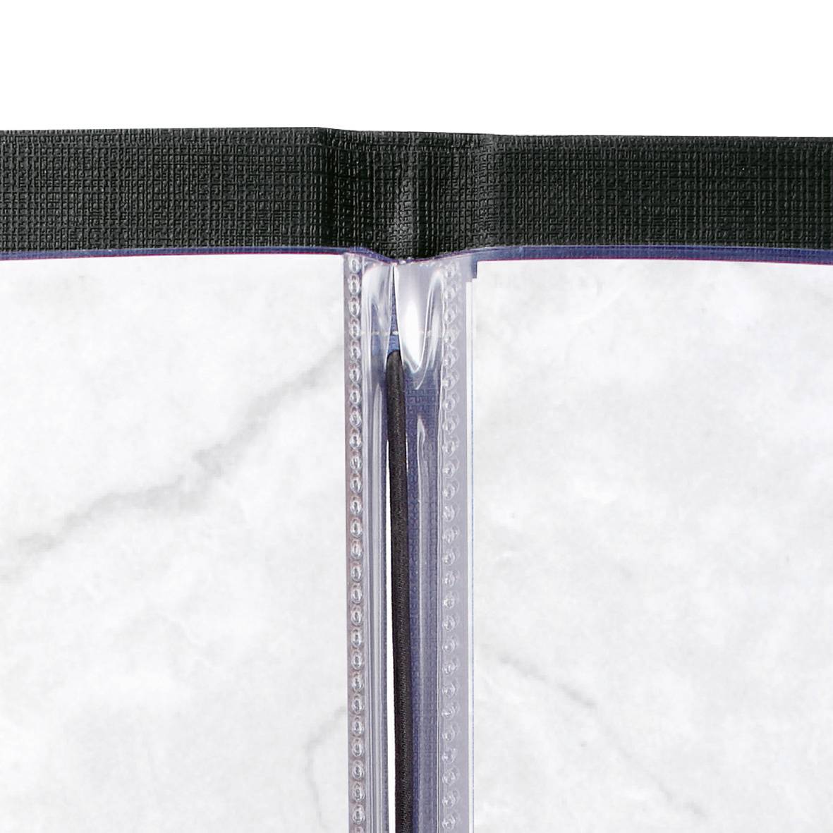 An open folder with empty clear plastic sleeves on a white surface.