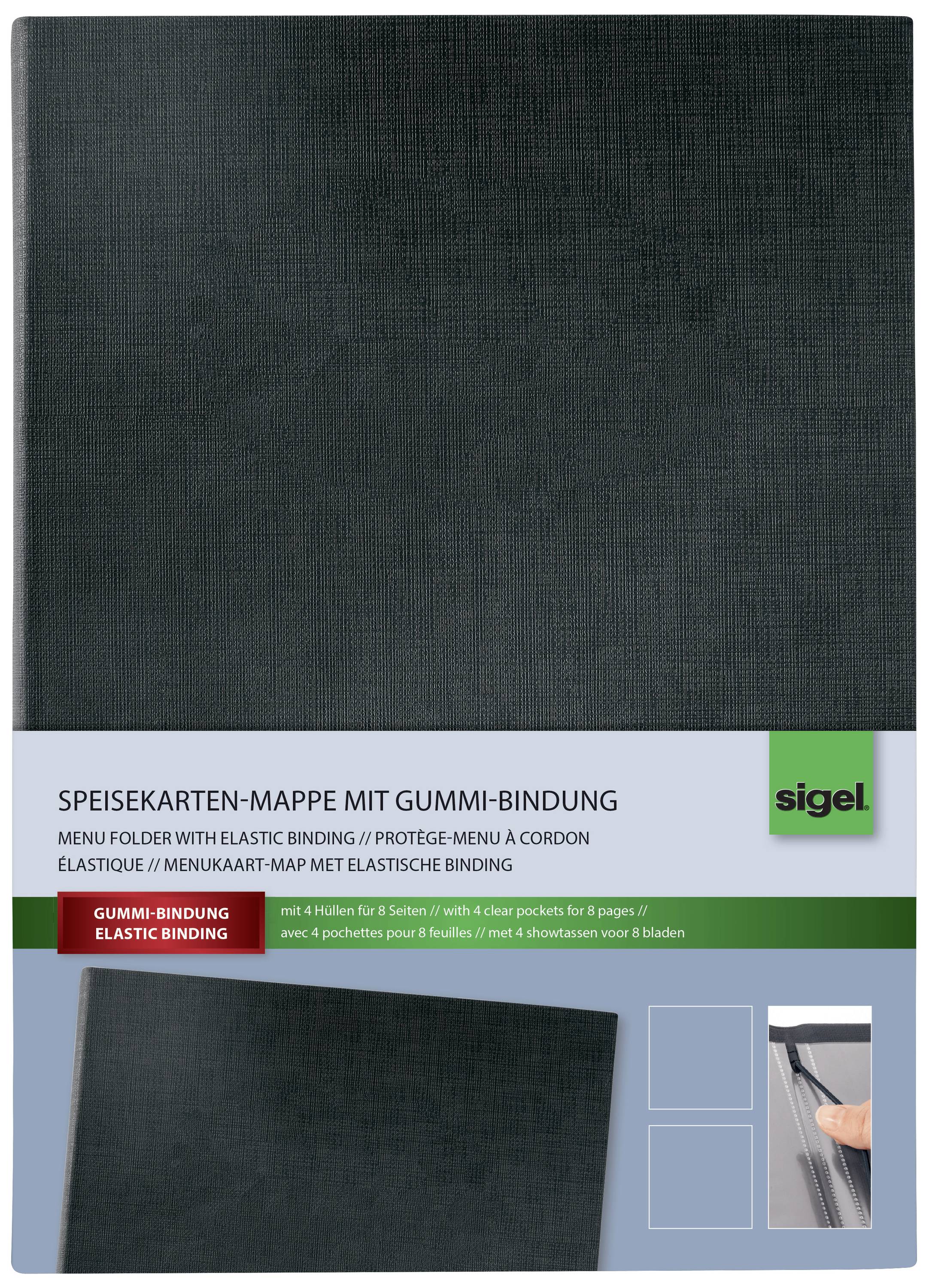 'Menu Folder with Rubber Binding', black cover, suitable for 8 pages. Packaging displays product images and features.