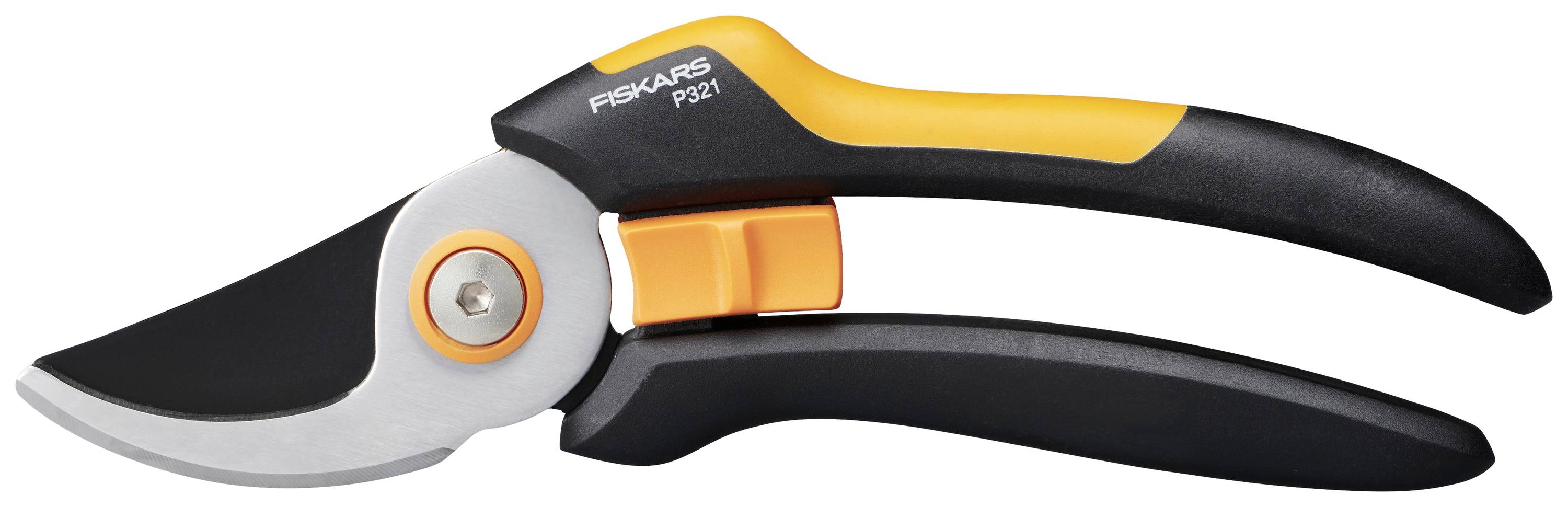 Garden shears with a black and orange handle, metal blade.