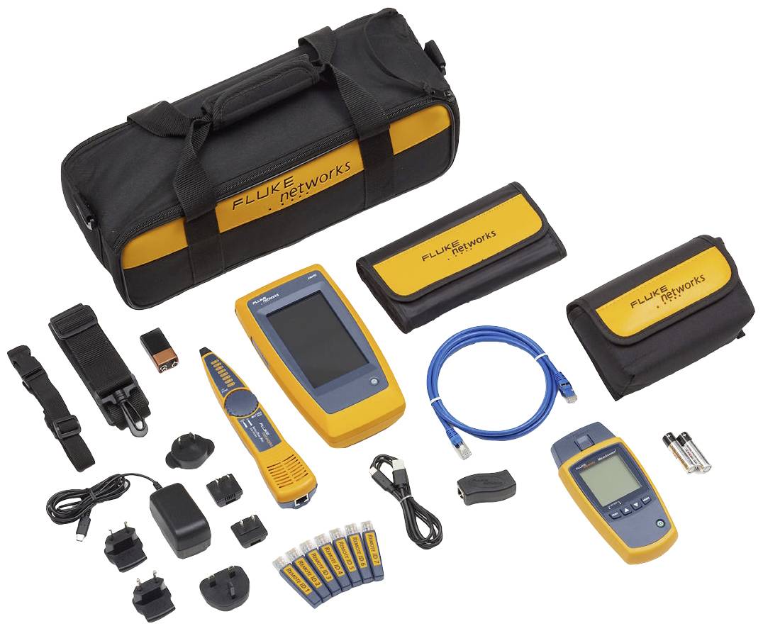 Fluke Networks measurement device set with cable tester, accessories, charger and carry case, for cable diagnostics and network analysis.