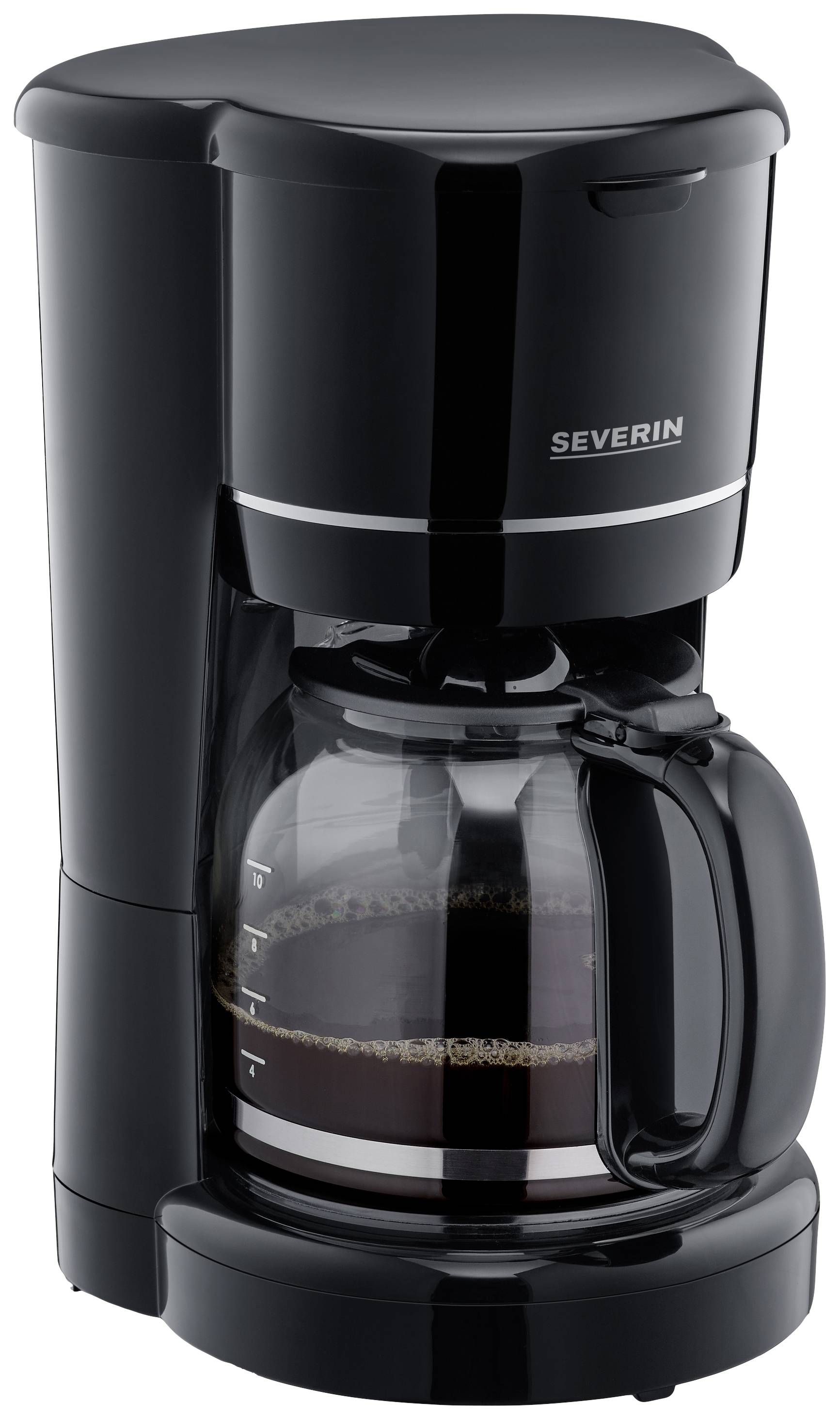 Coffee machine in black with a glass carafe, half-filled with fresh coffee.