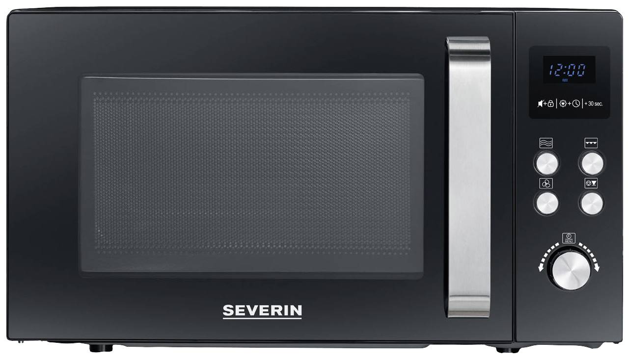 Black microwave with digital display and multiple control buttons on the right-hand side. Brand 'Severin'.