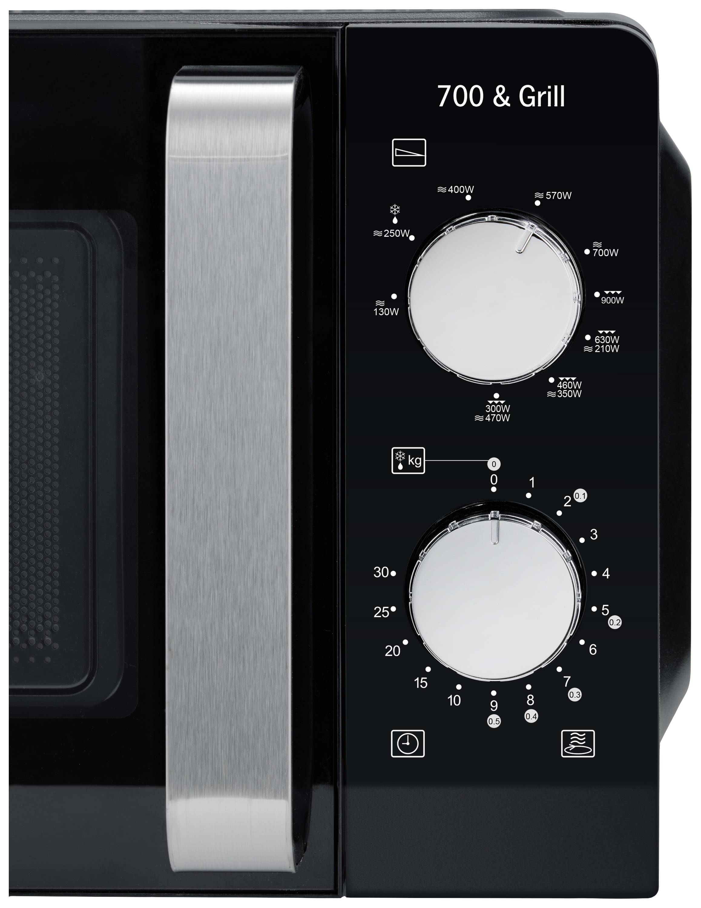 Black microwave with two buttons for power levels and cooking time. Text reads: '700 & Grill'.