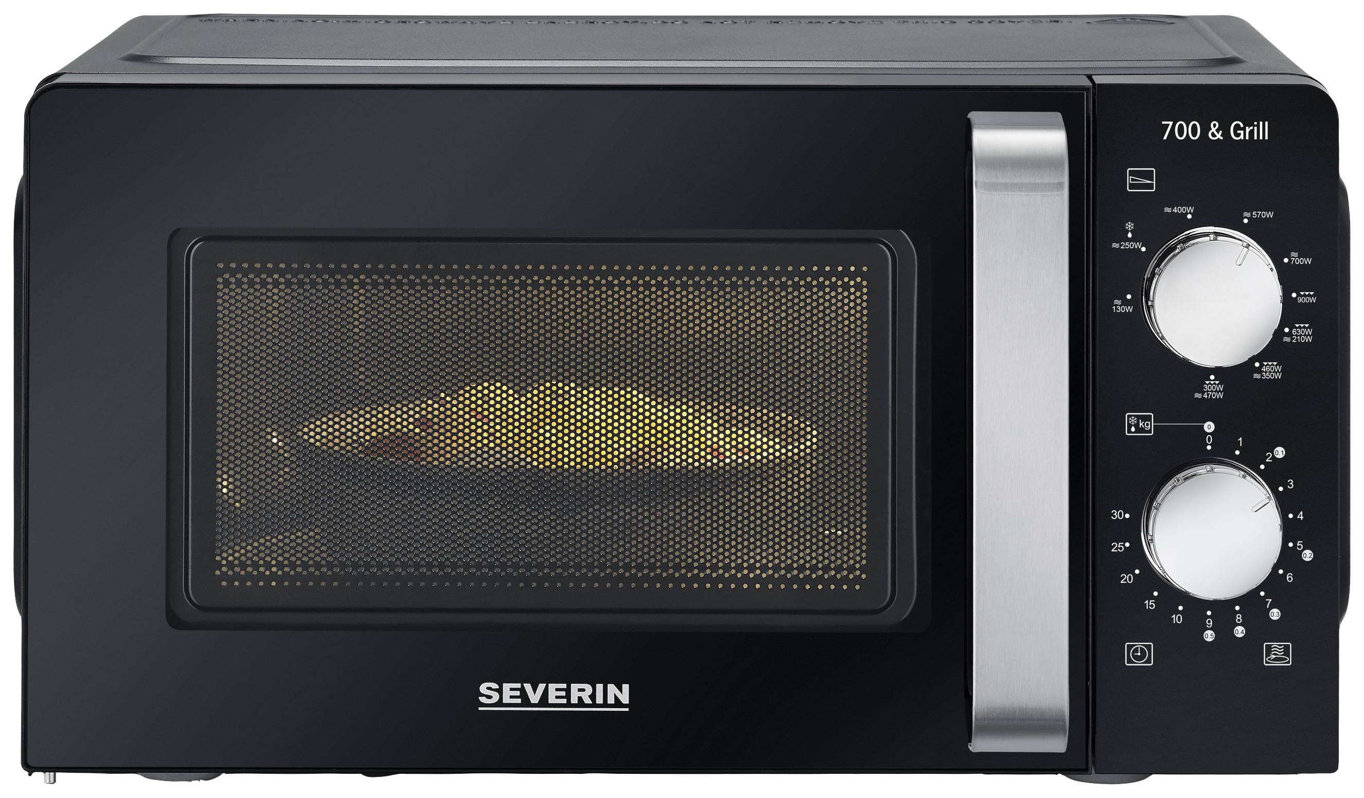 A black microwave with a grill function, brand Severin, is switched on. The food inside is slightly illuminated through the grid window.