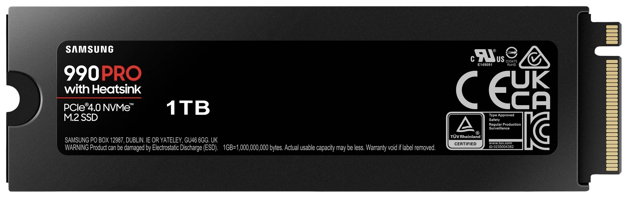'Samsung 990 PRO with Heatsink', a PCIe 4.0 NVMe M.2 SSD drive with 1 TB storage, suitable for fast data transfer.