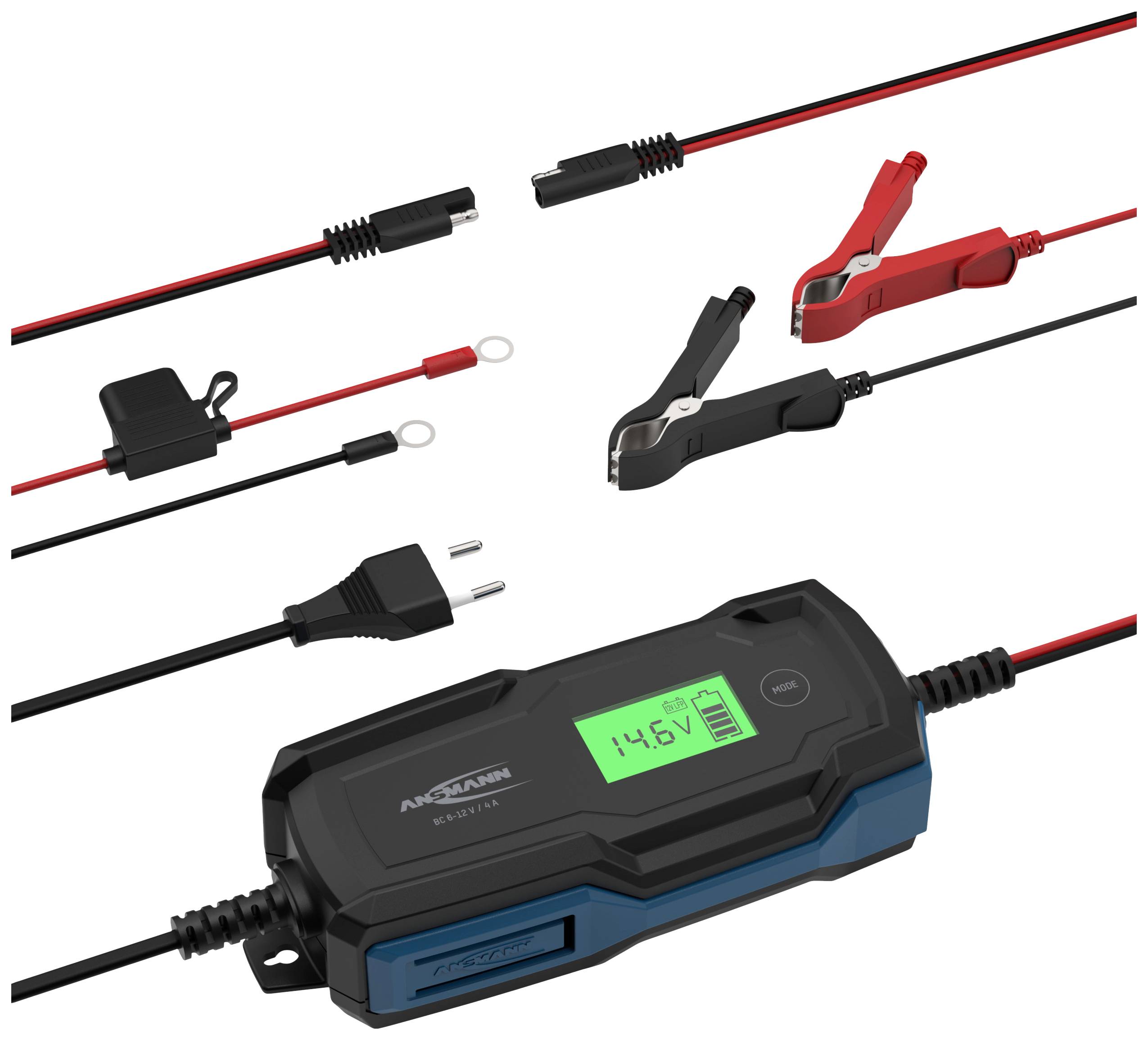Battery charger with digital display showing 14.6 V. Includes cables with clamps and adapters for various battery types.
