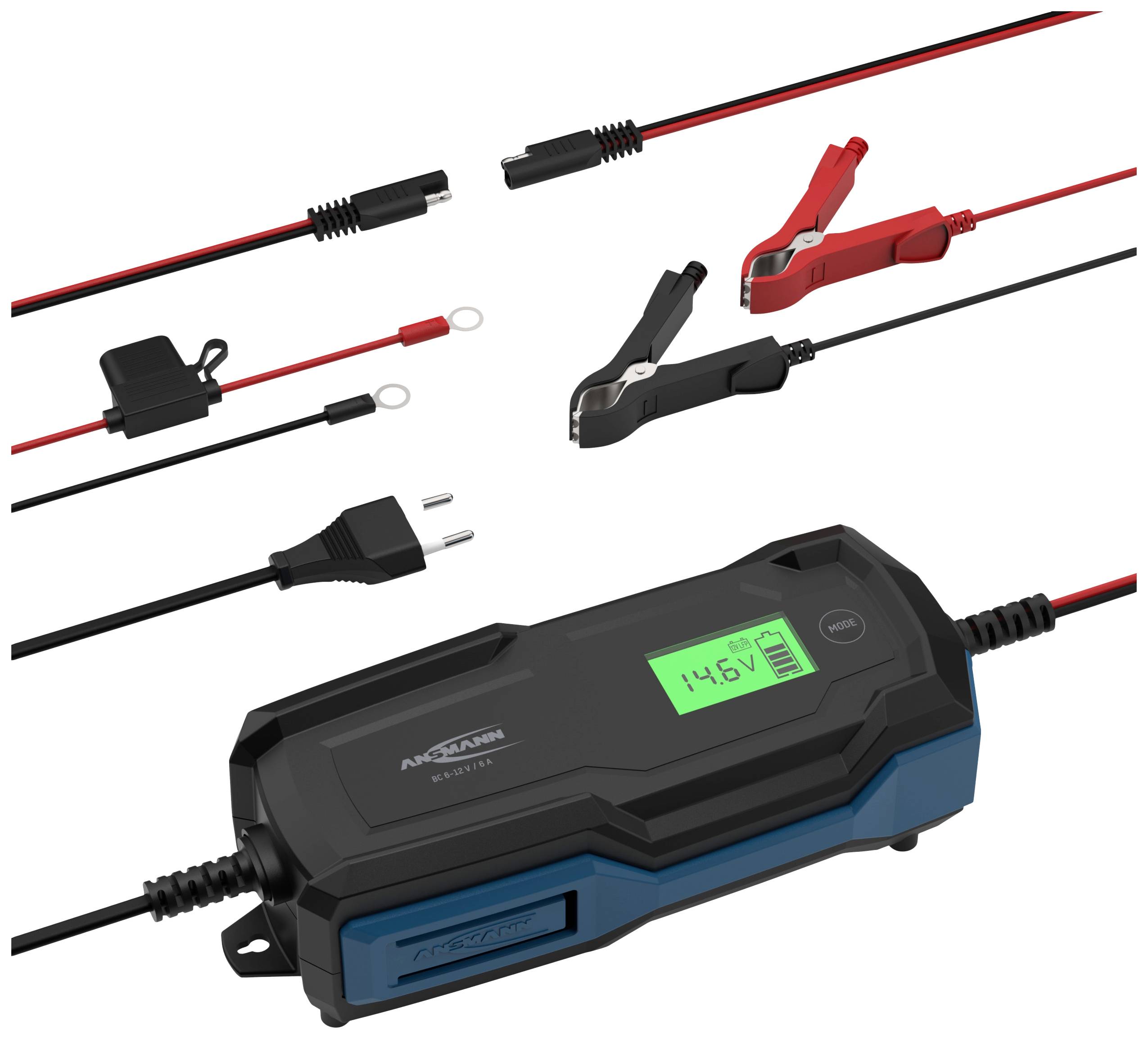A battery charger with a digital display and various connecting cables. Displays a voltage of 14.6V. Ideal for charging vehicle batteries.