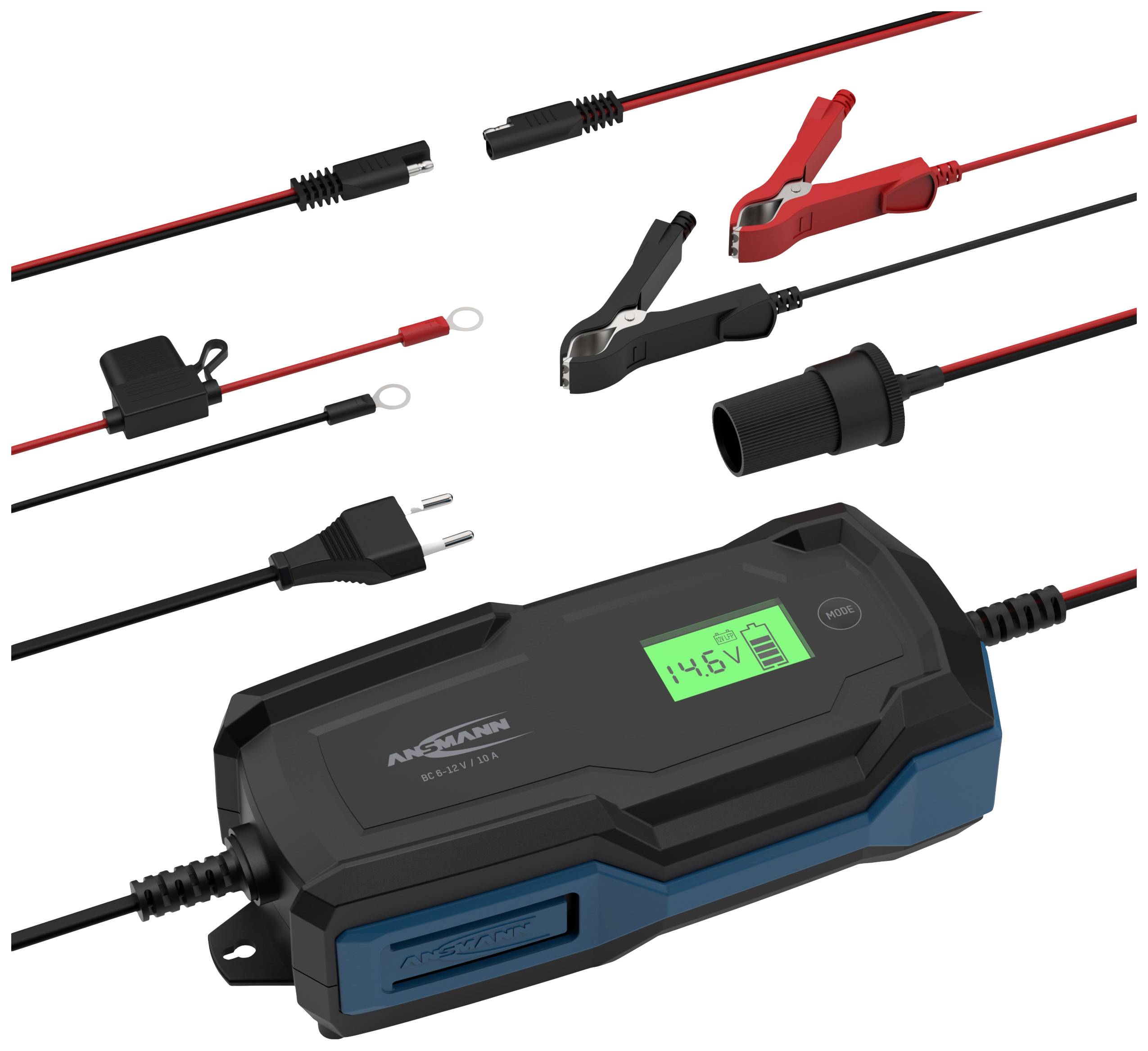 Battery charger with LCD display showing '14.5V'. Various connection cables and clamps for vehicle batteries pictured.