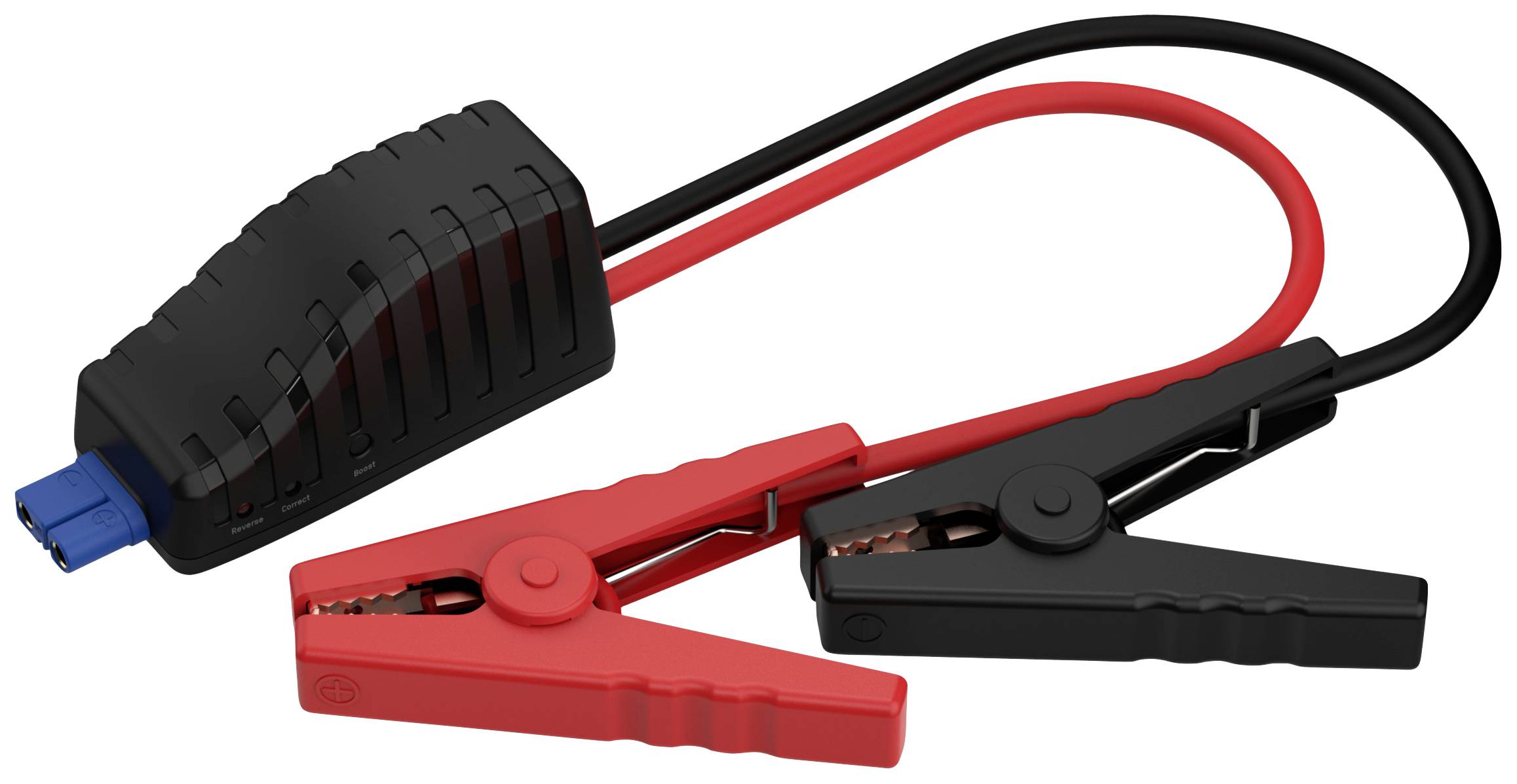 Jump leads with red and black clamps, connected by a black and a red cable, for jump-starting cars.