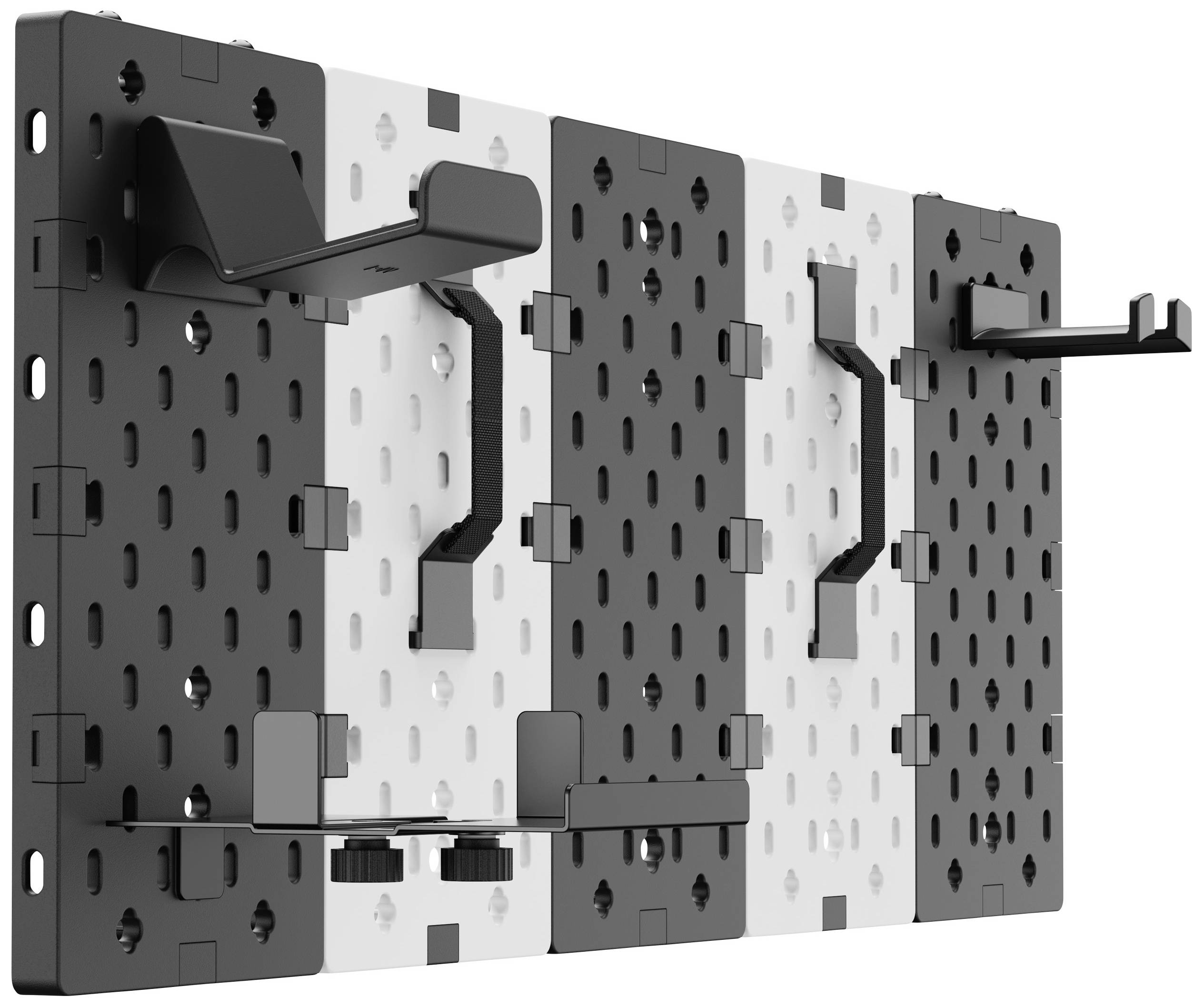 A modular tool storage system with multiple hooks and brackets, mounted on a perforated wall panel.