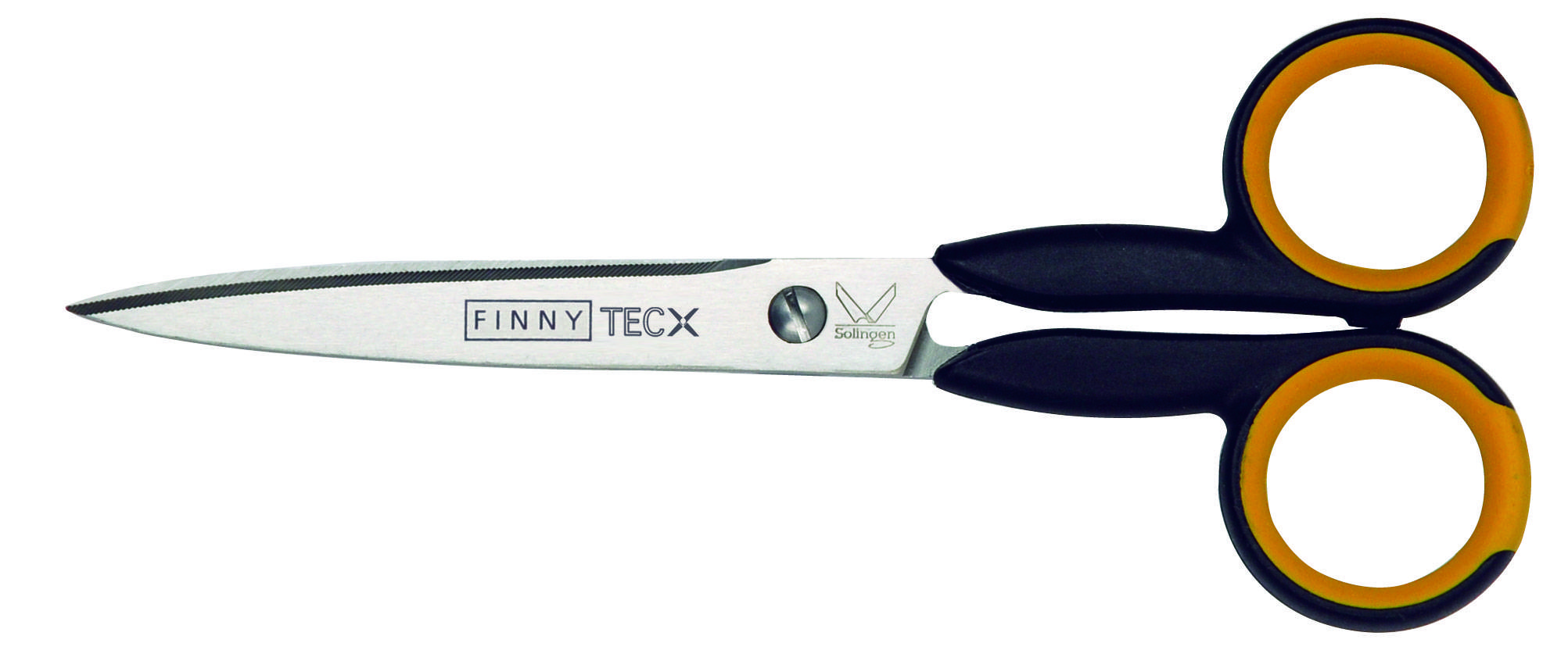 A scissors with a black handle and orange finger rings, suitable for diverse cutting tasks.
