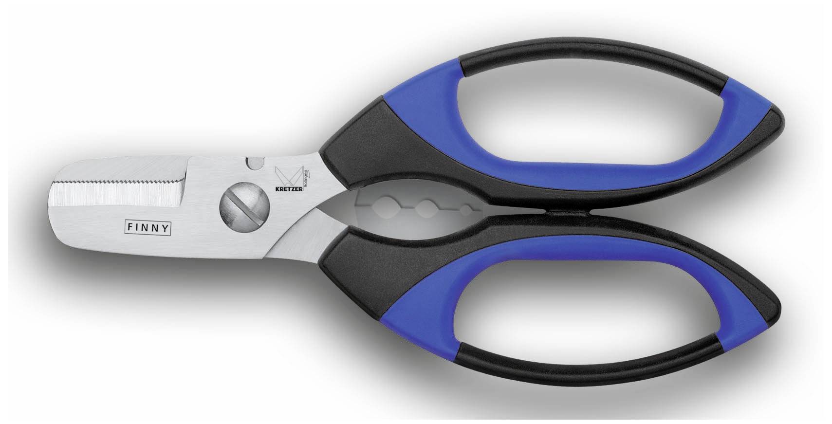 A silver and blue pair of scissors with large, ergonomic handles for comfortable handling. They are suitable for cutting firm materials.