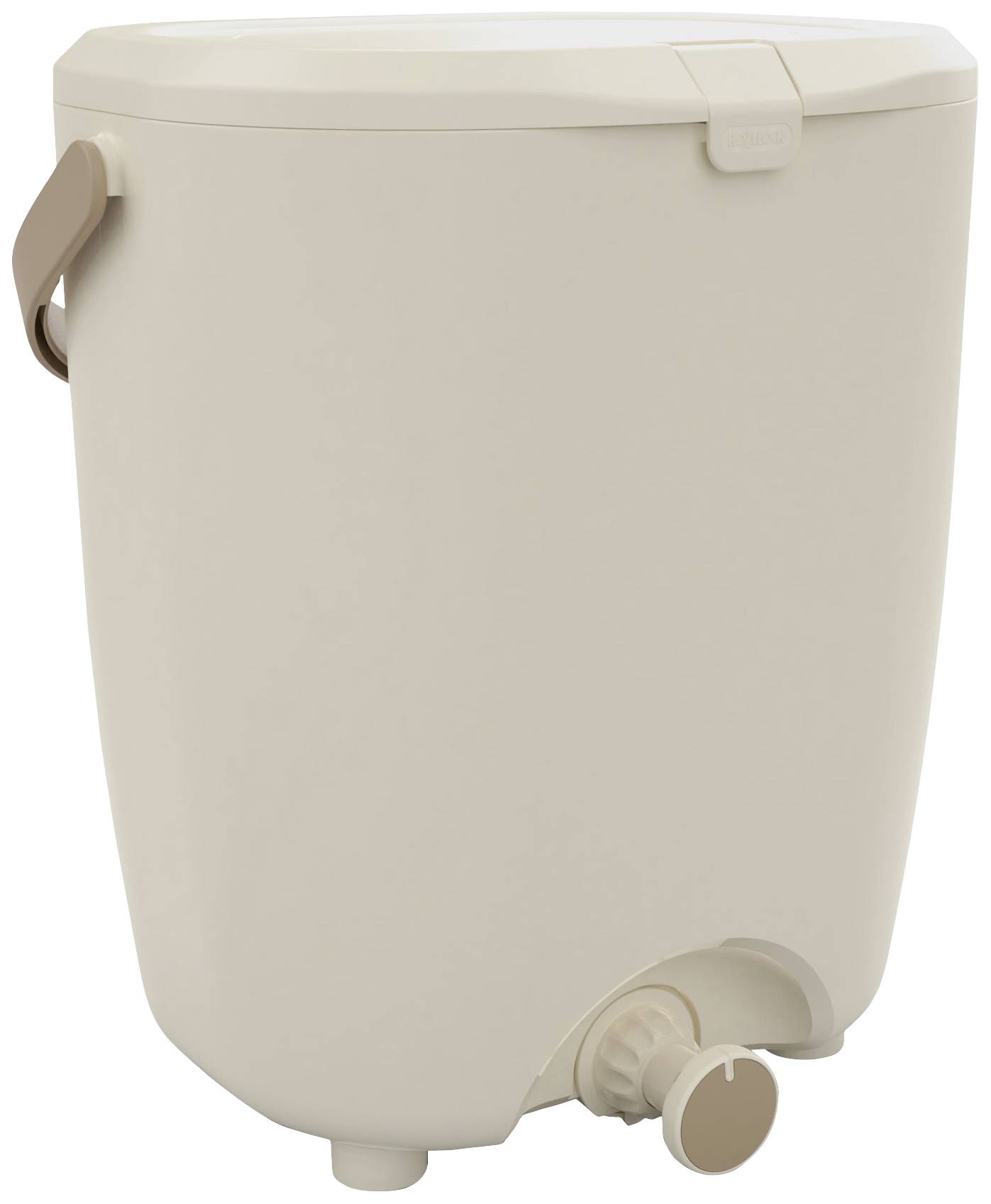 A cream-coloured plastic container with a lid, handle, and tap at the bottom. Suitable for storing or dispensing liquids.