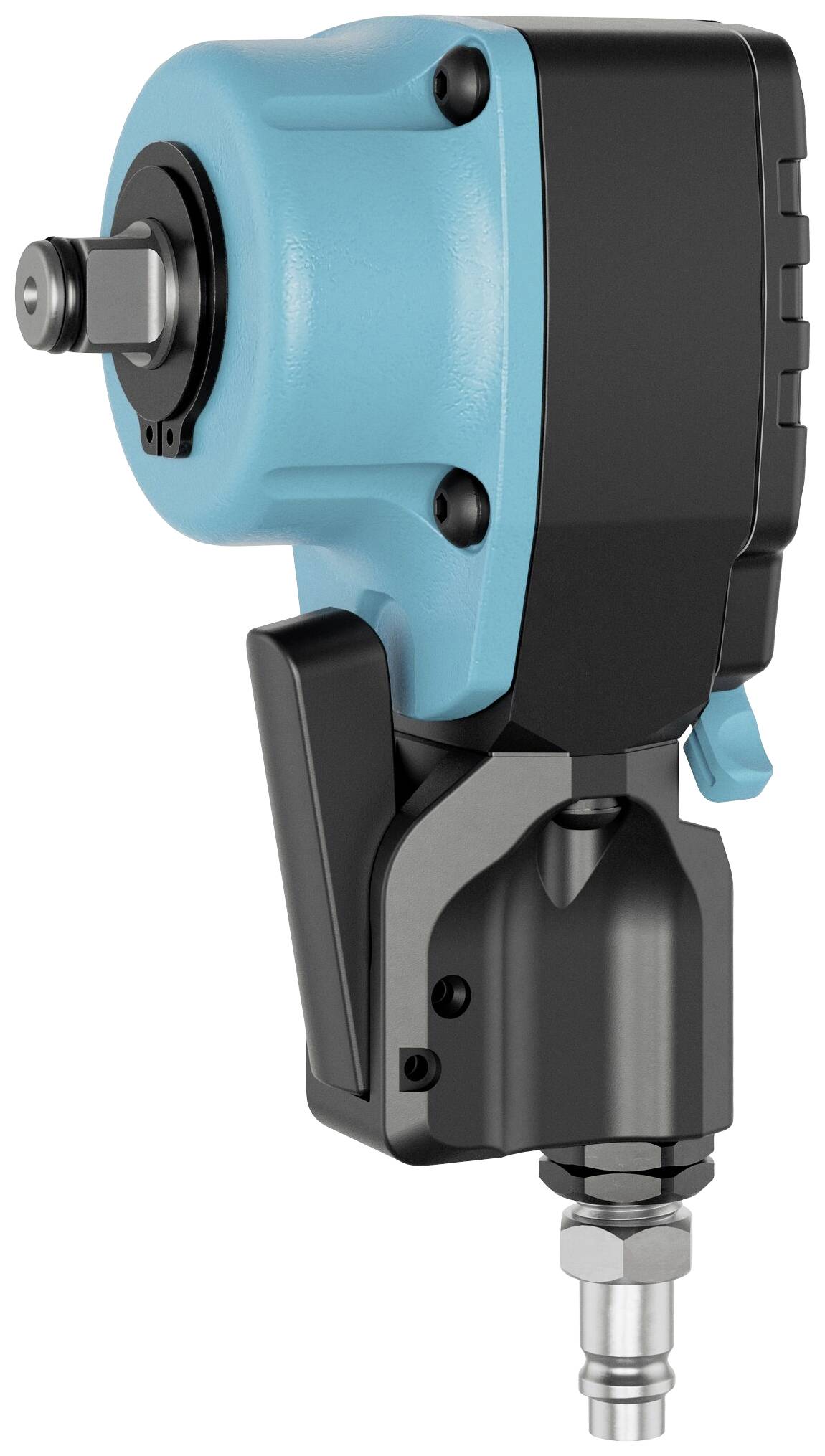 A blue and black pneumatic impact wrench with a metal chuck and trigger mechanism, typical for workshop applications.