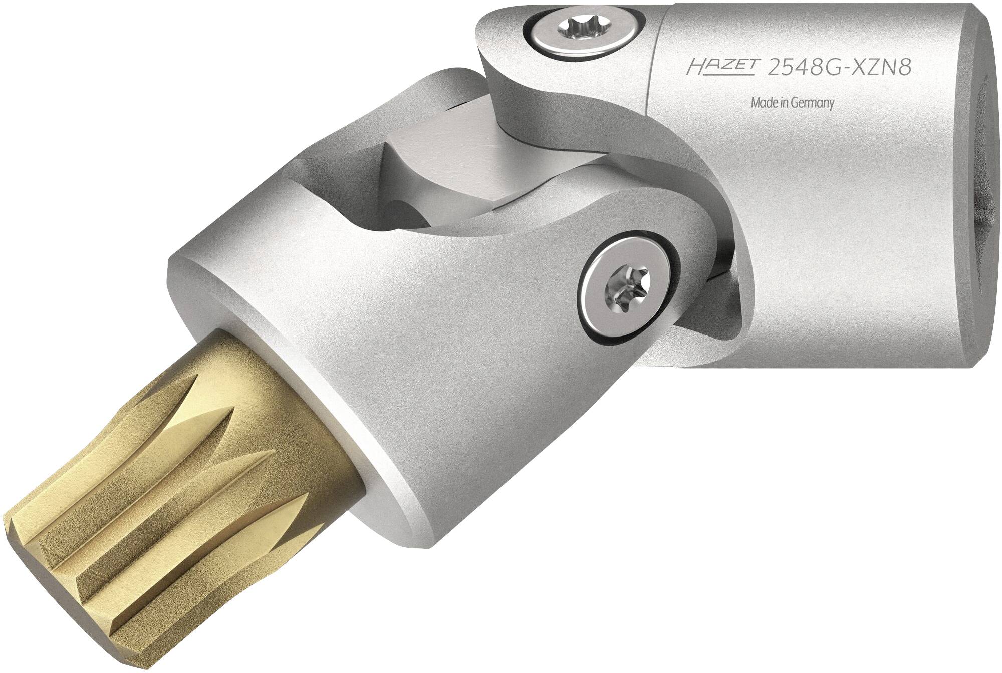 A silver-coloured Hazet articulated socket wrench, model 2548G-XZN8, with a gold-coloured multi-tooth bit. 