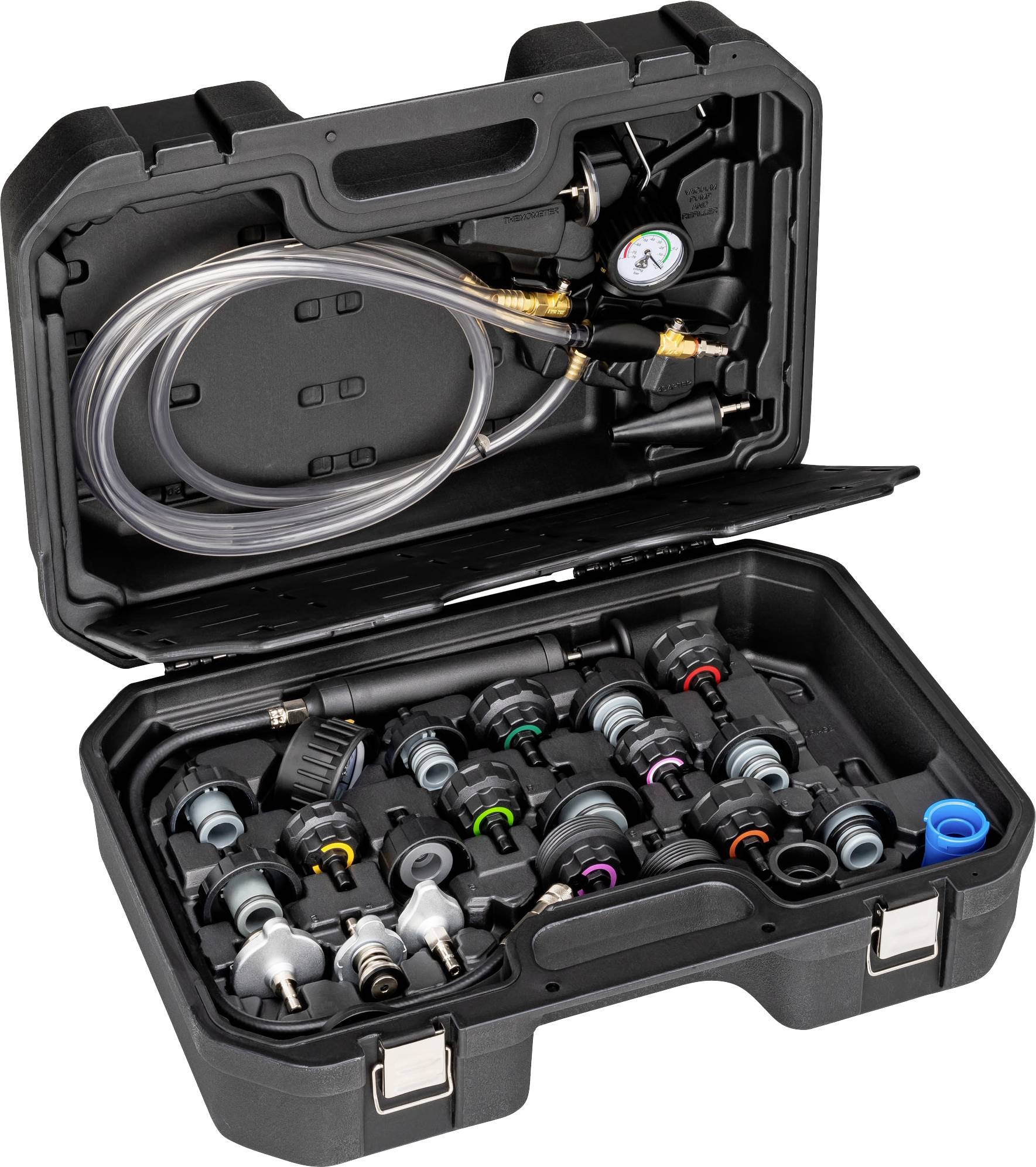Opened black toolbox with various automotive tool attachments and a pressure gauge.