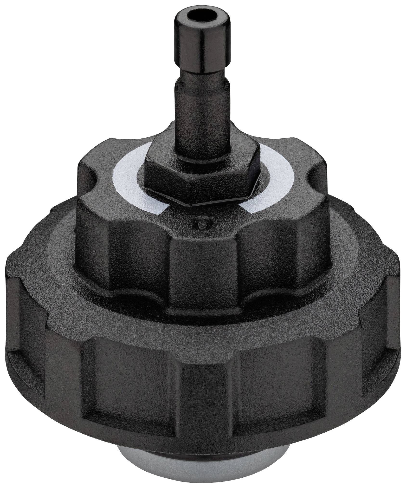 Plastic valve cover with a drop-shaped handle and central opening, used as a seal in hydraulic systems.