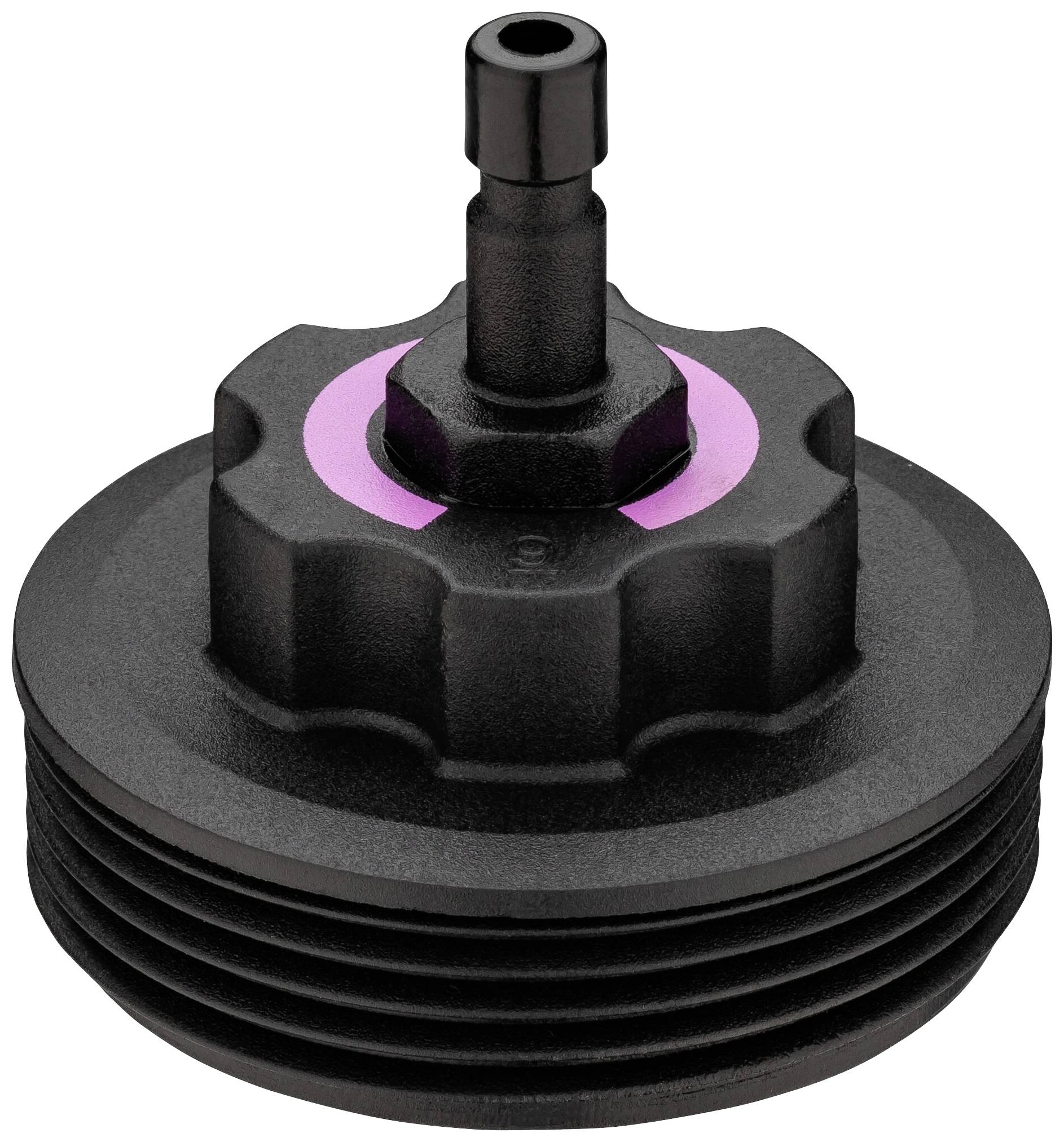 Black plastic cap with pink ring and small spout on top; used for sealing or securing in machinery.